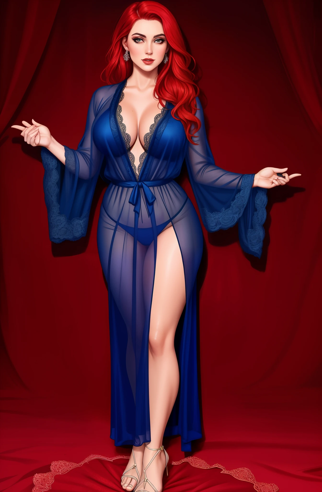 Brigid Brannagh, sorceress. sexy see-through blue robe, pink lace panties, red hair, blank background, black background, transparent clothes, full body shot