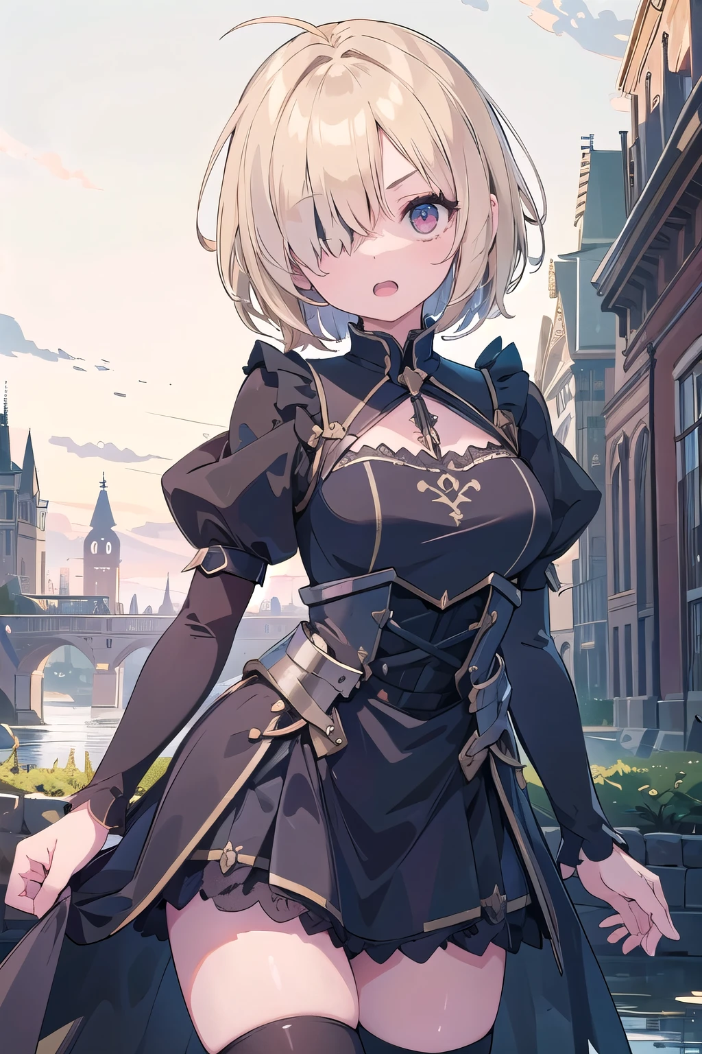 (2girls:1.2), fantasy, nature, grass, forest, (height_difference:1.4), (giantess:1.4), a tiny village in front of the breasts of a giantess, a tiny village below the breasts of a giantess, from below, below view giantess catgirl, big breasts, smug, :3, blushing, looking down, below view, (breasts closeup: 1.4), (minigirl:1.5), long hair, (Masterpiece), (Best Definition Animated Illustration), (Super Definition), knight, armor, shoulder plates, (naked:1.2),
