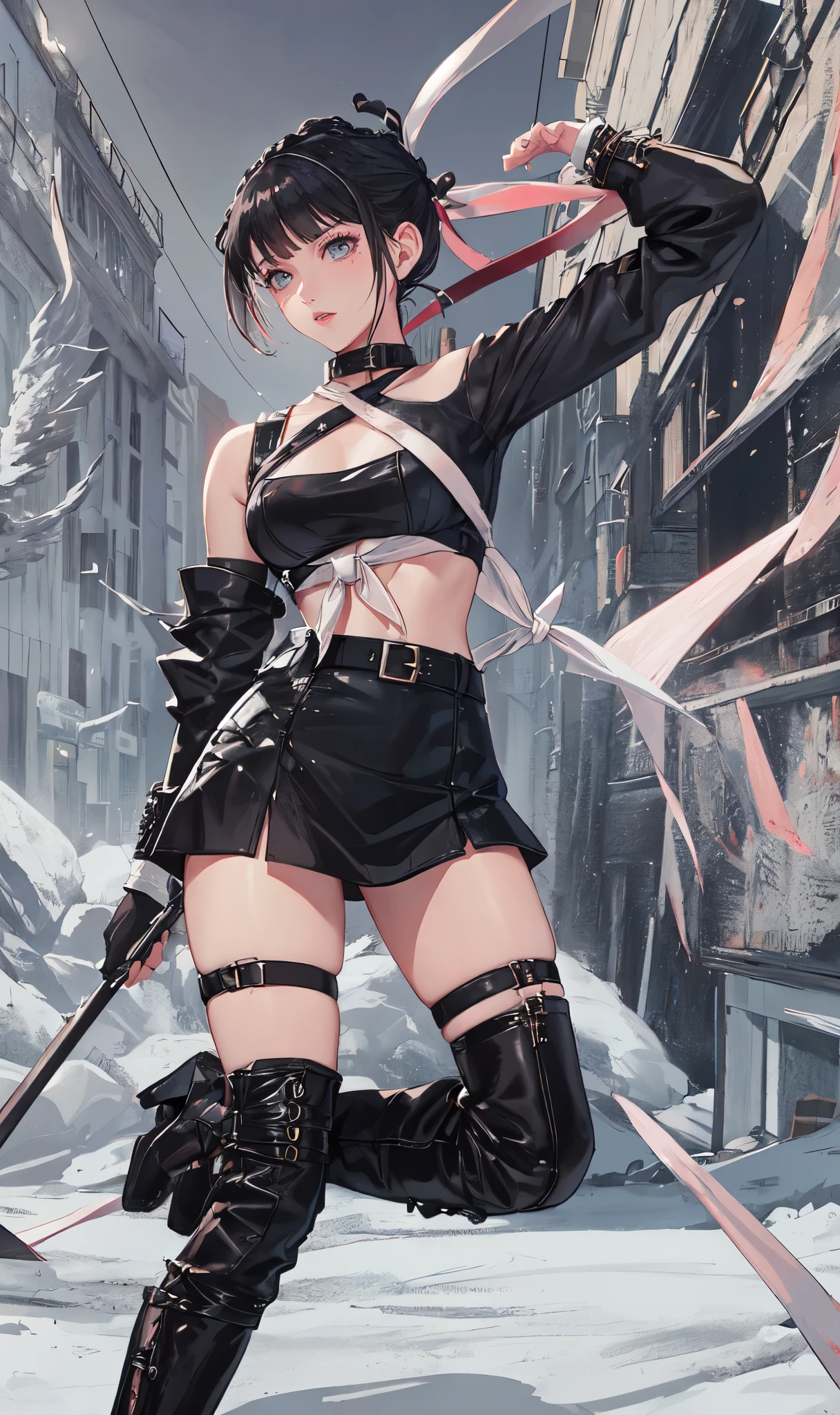  winter industrial town background,(white and black short hair：2.0),(tied up hair:2.0)issue card,Crystal earrings,Full body standing close-up,dream world,There are scars on the face,(Slender blue phoenix eyes,pink lipstick,long eyelashes),Gloves,Short sword,collar,(assassin&#39;tight combat uniform,Damaged midriff-baring combat uniform,Leather miniskirt,leg rings,belt：2.0)),Over the knee extra long high heel boots,lace up high heel boots,There are many straps on the legs,Detailed drawn background