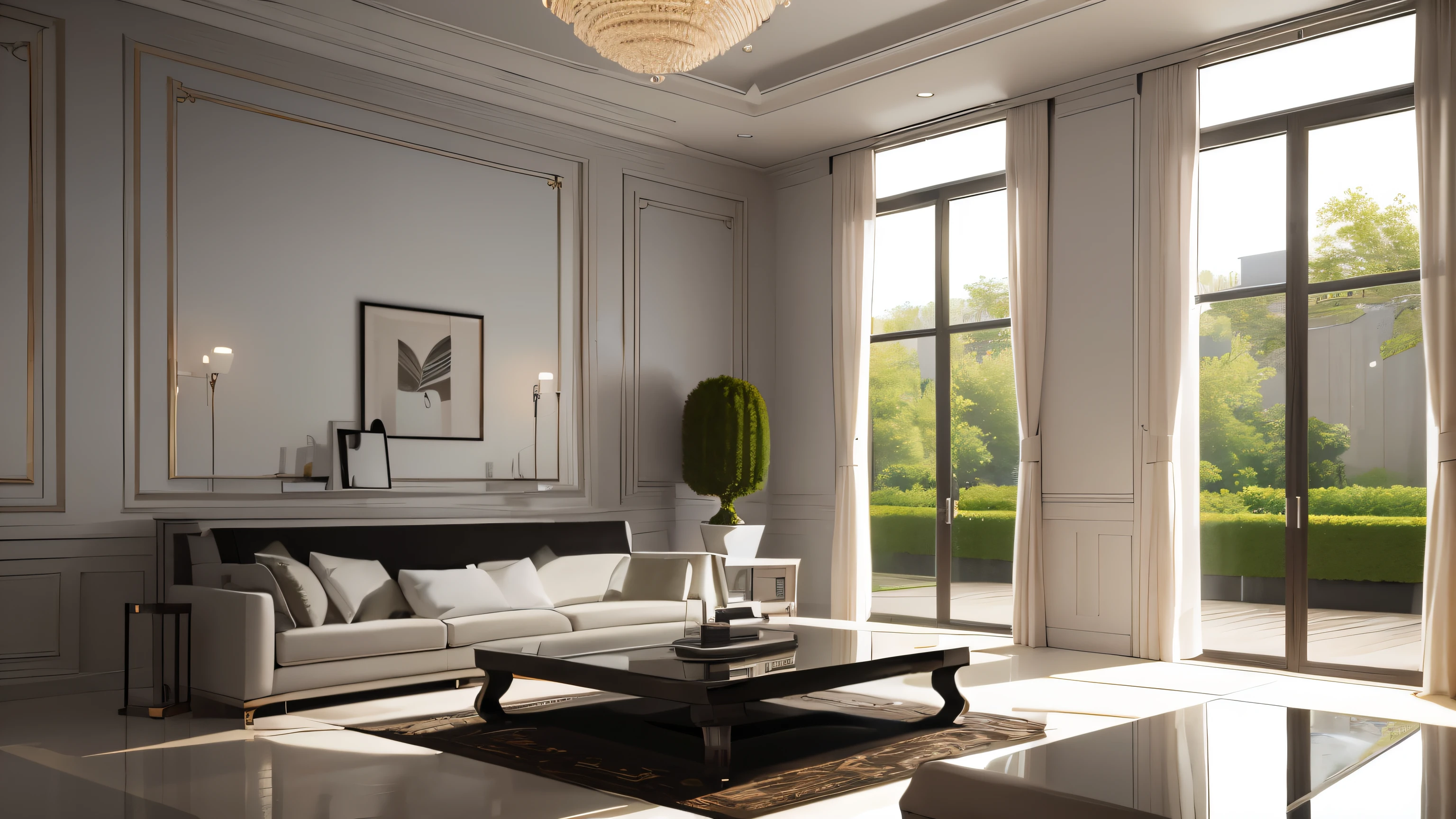 you are a famous interior designer、I was asked to create a 3D image of a large modern room.。. Create a harmonious environment with modern and minimalist furniture. Including garden interior.
