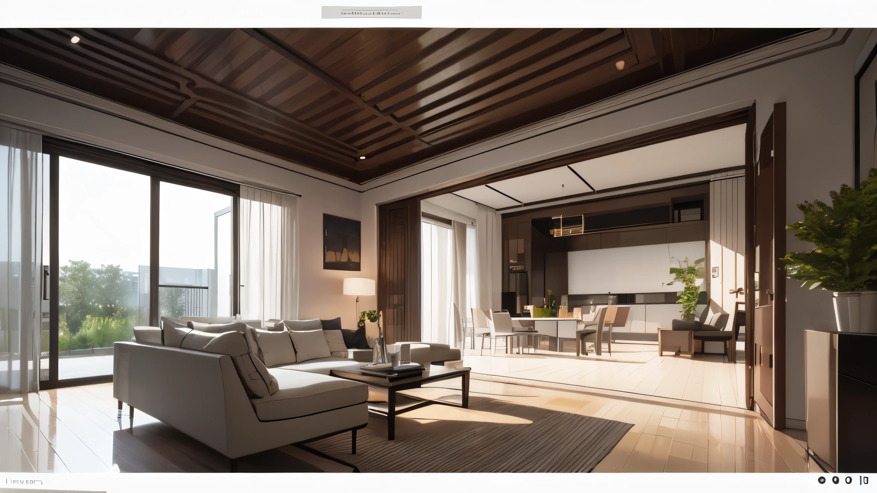 you are a famous interior designer、I was asked to create a 3D image of a large modern room.。. Create a harmonious environment with modern and minimalist furniture. Including garden interior.