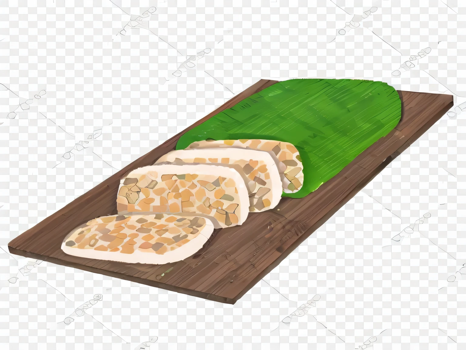 a wooden cutting board with slices of soy tempeh and a green leaf, super realistic food picture, clipart, hd illustration, mapo tofu cartoon, high quality photo, on a wooden tray, high picture quality, illustration”, uncompressed png, on a wooden plate, high quality picture, rectangular, isometric top down left view, high quality image, trending photo, leaked image