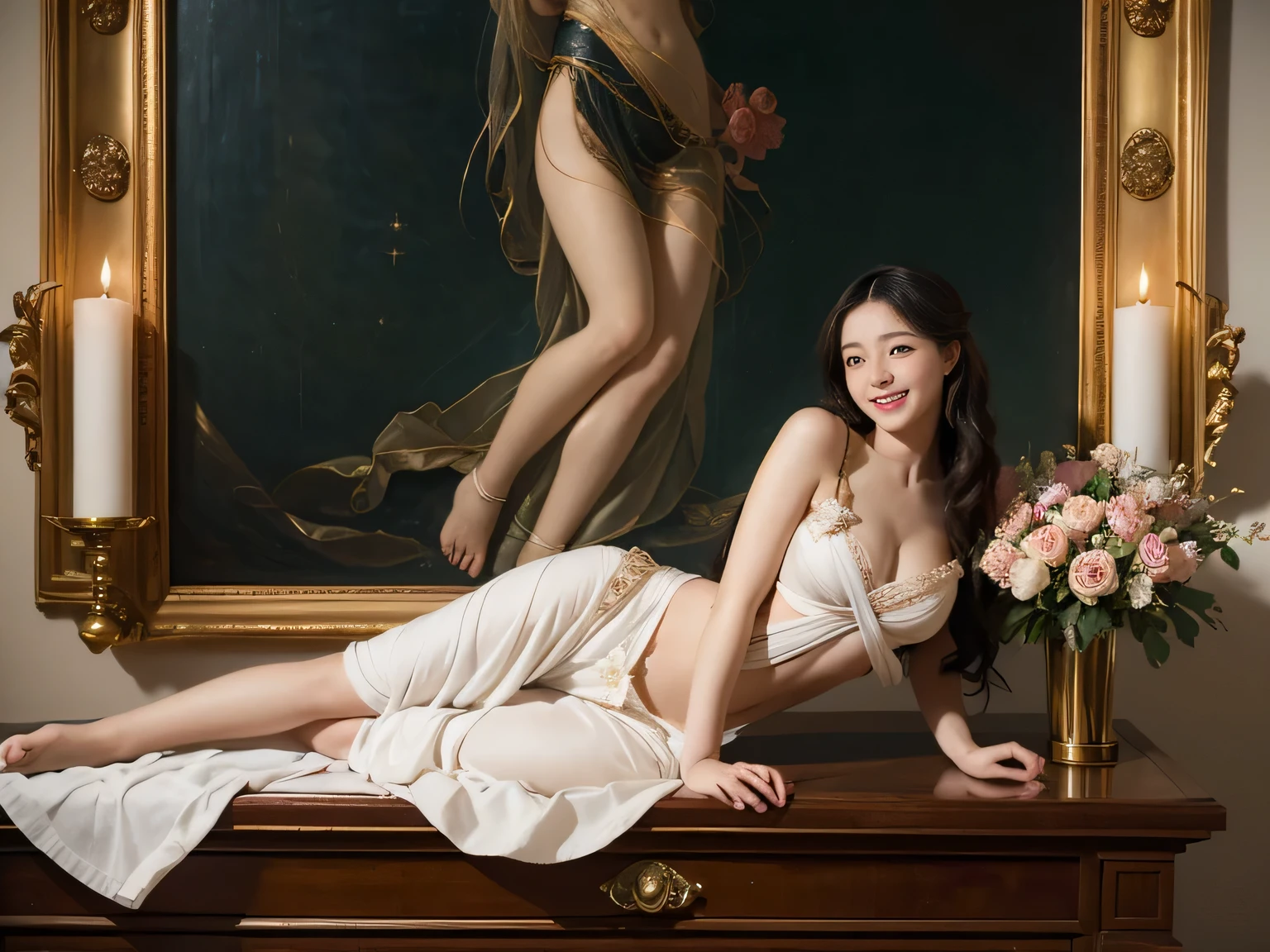 Chiaroscuro of Caravaggio,Math、Astronomical utensils,astronault,Roses in a vase,fruits,cute little,A smile,Ancient Greek costumes,Paintings by Sandro Botticelli,Costume with stretched shoulders,huge smile,large full breasts,Ecstasy expression,A sexy,erotick,Seduce you,Underwear