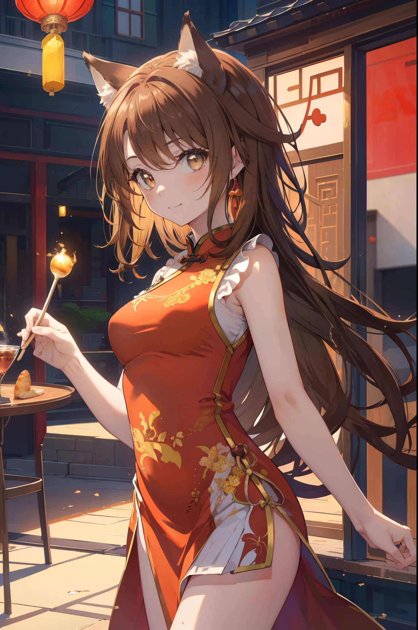 1girl, medium build, ((BLUSH)), smile, Dark brown hair, gold hair tips, blunt bangs, long hair, gold eyes, ((china dress)), Modern, (((contemporary))), classy restaurant, exotic restaurant, masterpiece,