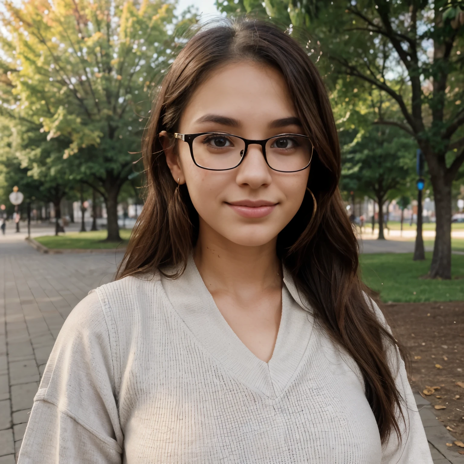 Young beautiful girl, 21 years old, beating face, soft cheeks, cheek bones, brunette, doe eyes, beautiful seductive smile, Latina, freckles, big glasses, face, nose ring, neck tattoo, park background,  body, slim, innocence, selfie, shirt and sweater vest on, scholar look 