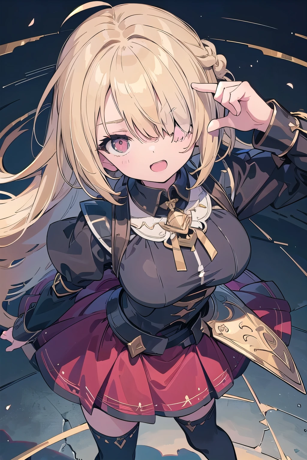 (masterpiece:1.2), (highest quality:1.2), perfect eyes, perfect face, perfect lighting, Medieval Lake 1 Boy,(blonde)　big breasts, (crimson eyes), ((((((hair over one eye,)))))), Braid style, spike hair, dull bangs, (bob hair), (a braid), Ahoge,skirt, Thighhighs (((black battle dress knight))), cute eyes, Medium chest, bright, turn your arms behind your back, vivid description, (contrappost), tooth,((glaring)), Upper body, ahegao, open mouth, smile+happy, ((from above,))