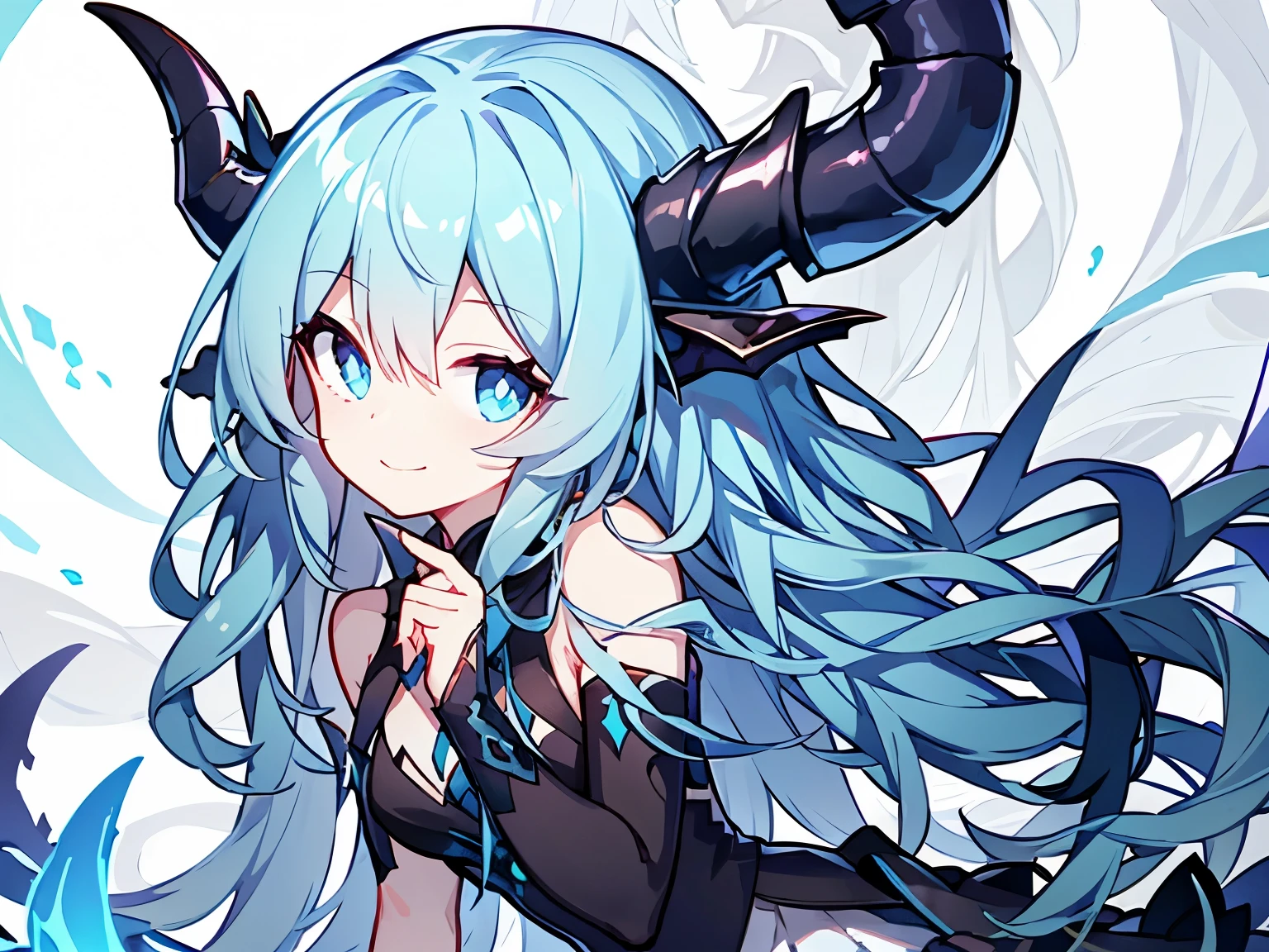 （long blue hair:1.3）（blue pupils:1.2）（Black dragon horn:1.2）（White long skirt:1.2），Smile，Hold your chin with your hand