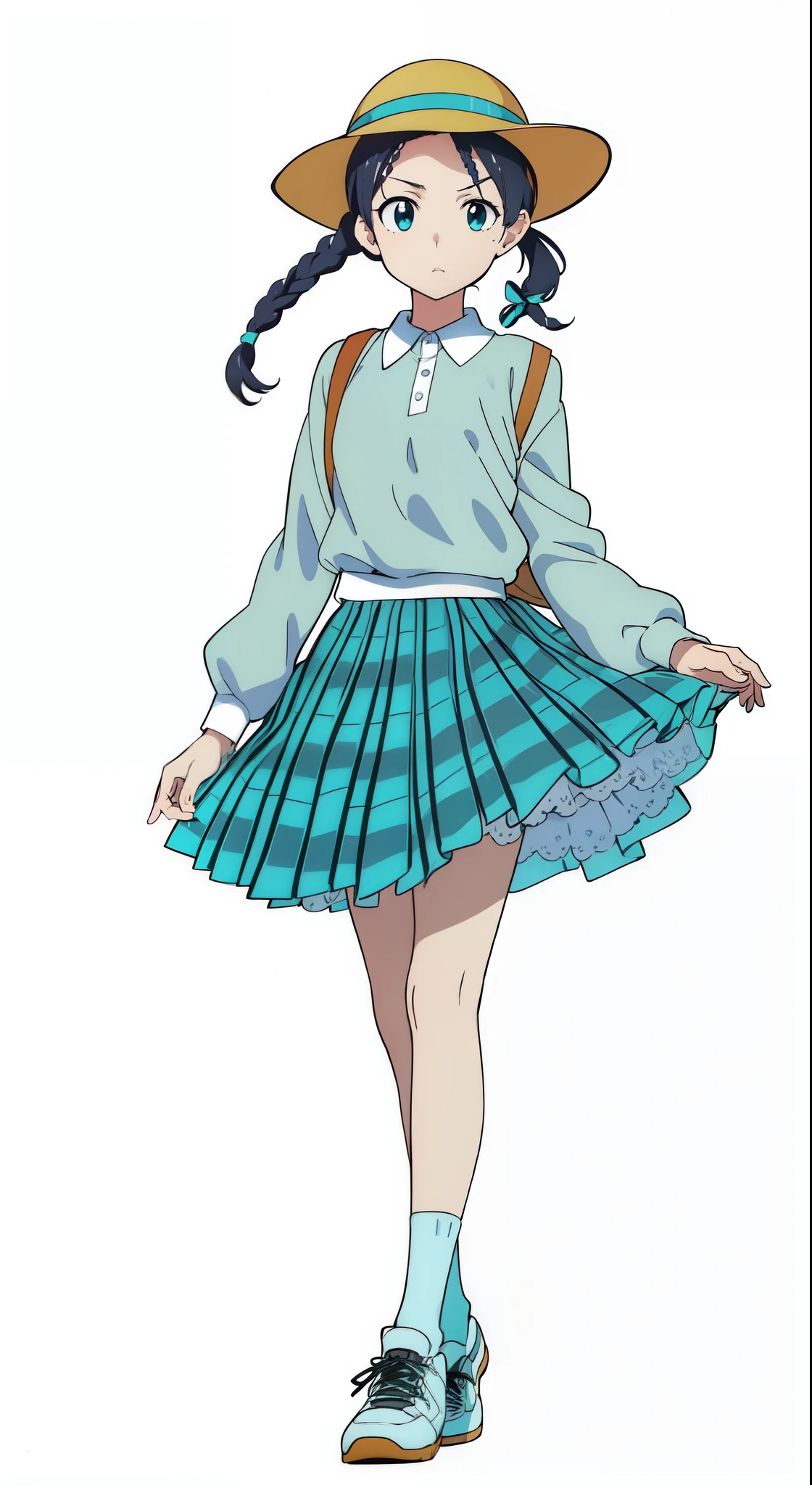 (detailed white petticoat:1.0), (white background:1.0), (best quality:1.0), (masterpiece:1.0), (super fine illustration:1.0), (beautiful artwork:1.0), (anime screencap:1.0), (official art:1.0), (full body:1.0), (solo:1.0), (ESGA:1.0), (a cute girl:1.25), (yellow hat:1.25), (red backpack:1.0), (long skirt:1.0), (green tartan skirt:1.0), (pleated skirt:1.0), (aqua blue polo shirt:1.0), (long sleeve polo shirt:1.0), (sneakers:1.0), (white socks:1.25), (ideal ratio body proportions:1.25), (lanky:1.25), (tall:1.25), (slender:1.25), (small breasts:1.25), (smaller face:1.25), (tareme:1.5), (detailed beautiful eyes:1.5), (detailed beautiful face:1.5), (glowing black eyes:1.1), (short hair:1.0), (twin braids:1.5), (black hair:1.0), (looking at viewer:1.0)