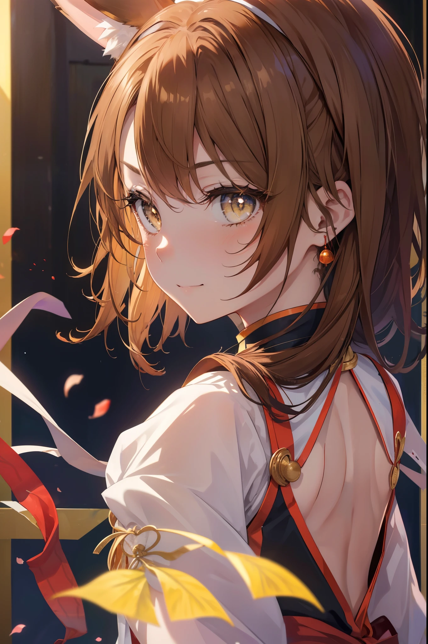 irohaisshiki, iroha isshiki, long hair, light brown hair, (brown eyes:1.5), fox girl,fox ears,fox tail,smile,blush,yellow dress, china dress, Chinese service, dress, air, hip vent, side long slit, No sleeve, No sleeve dress,stiletto heels,put your hands behind your back,
break indoors, Chinese style restaurant,
break looking at viewer,Peeking from below,
break (masterpiece:1.2), highest quality, High resolution, unity 8k wallpaper, (figure:0.8), (detailed and beautiful eyes:1.6), highly detailed face, perfect lighting, Very detailed CG, (perfect hands, perfect anatomy),