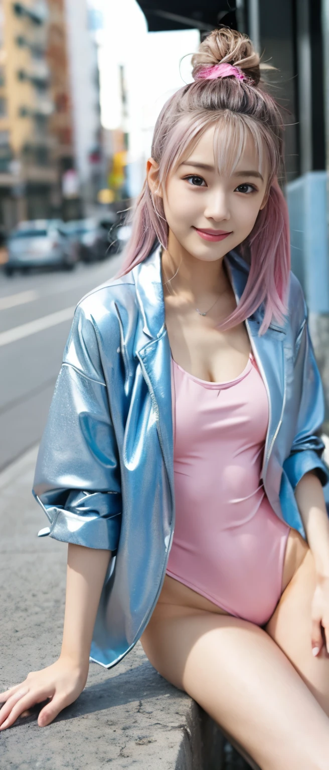 neat idol、whole body、good style、、、、、silvery jacket、pink swimsuit、colorful hair