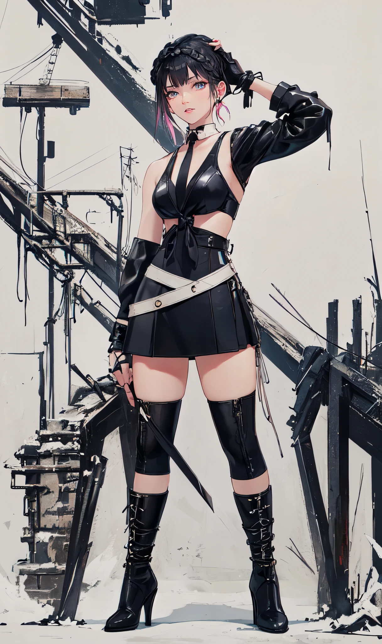 1 girl, solo, short hair, simple background, black hair, dress, holding, standing, weapon, choker, weapon holding, high heels, gun, thigh strap, pale skin, gun, rifle, sniper rifle, stance