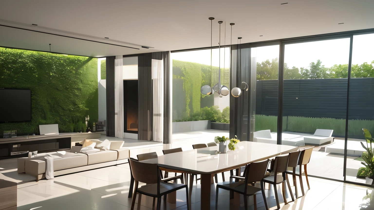 you are a famous interior designer、I was asked to create a 3D image of a large modern room.。. Create a harmonious environment with modern and minimalist furniture. Including garden interior.