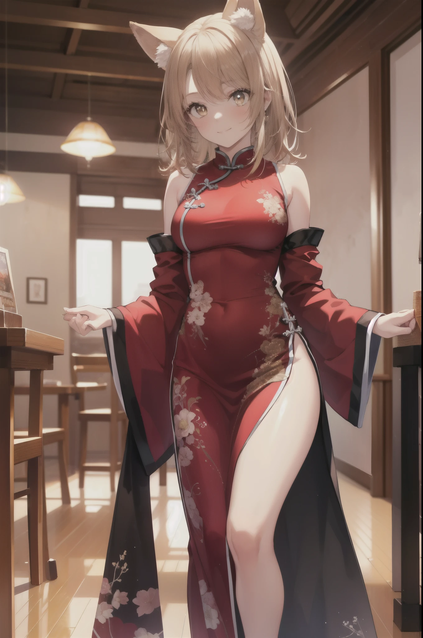 irohaisshiki, iroha isshiki, long hair, light brown hair, (brown eyes:1.5), fox girl,fox ears,fox tail,smile,blush,yellow dress, china dress, Chinese service, dress, air, hip vent, side long slit, No sleeve, No sleeve dress,stiletto heels,put your hands behind your back,
break indoors, Chinese style restaurant,
break looking at viewer,Peeking from below,
break (masterpiece:1.2), highest quality, High resolution, unity 8k wallpaper, (figure:0.8), (detailed and beautiful eyes:1.6), highly detailed face, perfect lighting, Very detailed CG, (perfect hands, perfect anatomy),