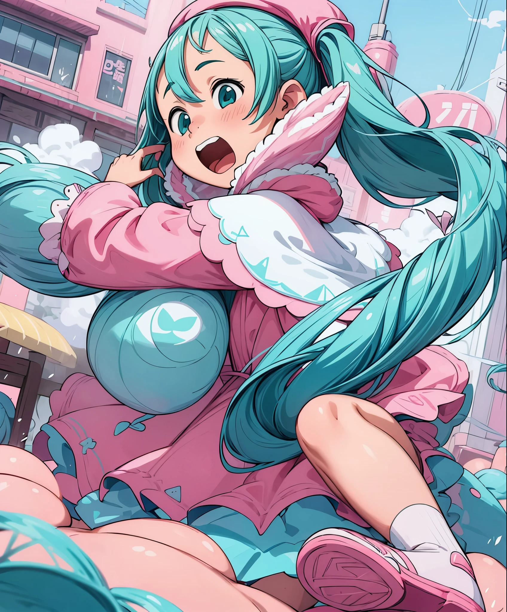 (masterpiece、highest quality、highest quality、official art、beautiful beautiful:1.2)、(1 girl:1.3)Hatsune Miku、twin tails,Anime girl with pink coat and pink shoes and pink hat, rossdraws pastel vivid, rossdraws cartoon vibrant, pixiv digital art, cute art style, アニメFull body illustration, Full body illustration, by Yuumei, Trending with Art Station Pixiv, soft anime illustration, Google on pixiv artstation, colorful! Character Design