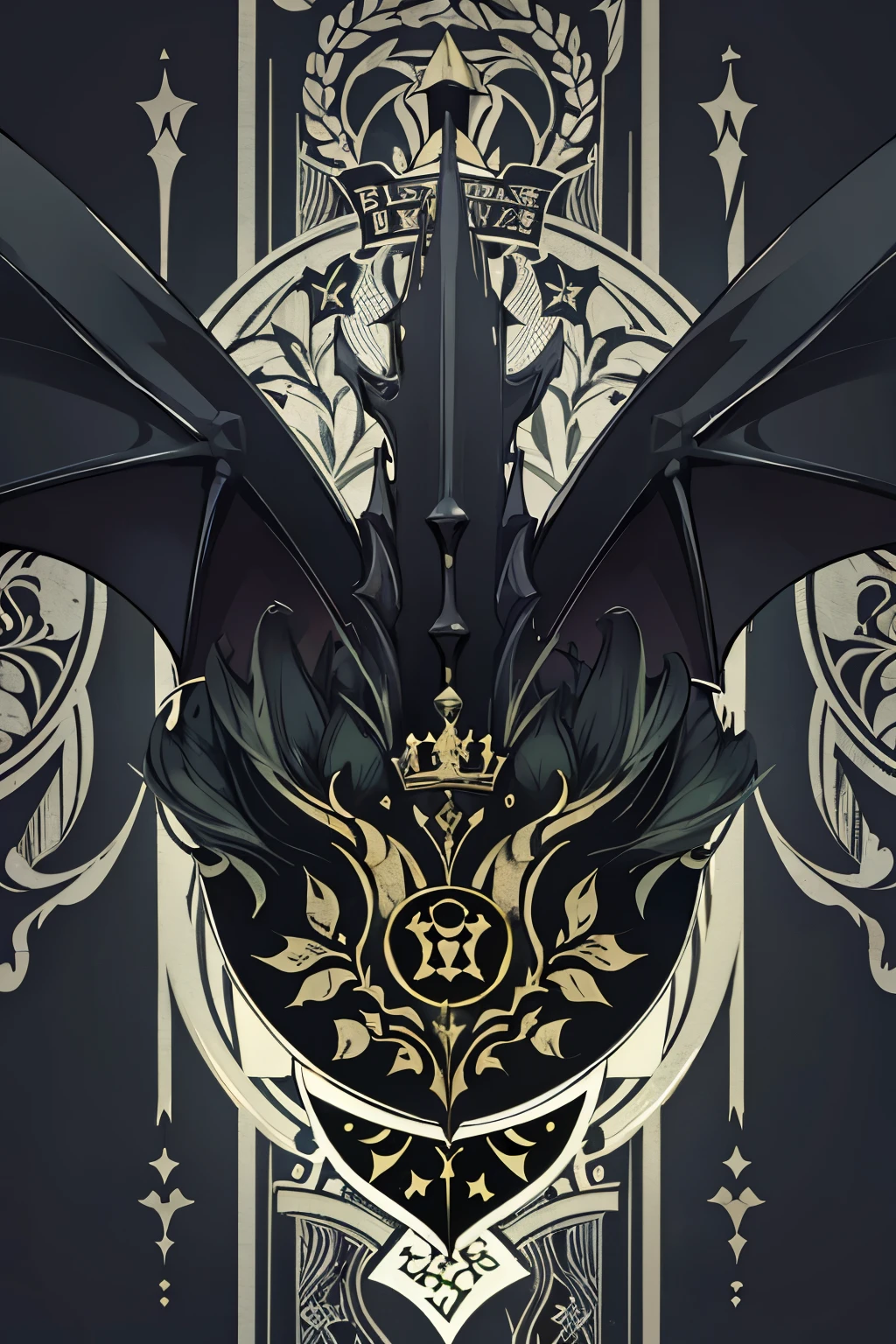 ( coat of arms design) bat in the center of the shield, a black and green shield with a stylized design on it, shield design, fantasy shield, green and black armor, green and black coat of arms, shield emblem, royal coat of arms, sword, bat symbol, coat of arms