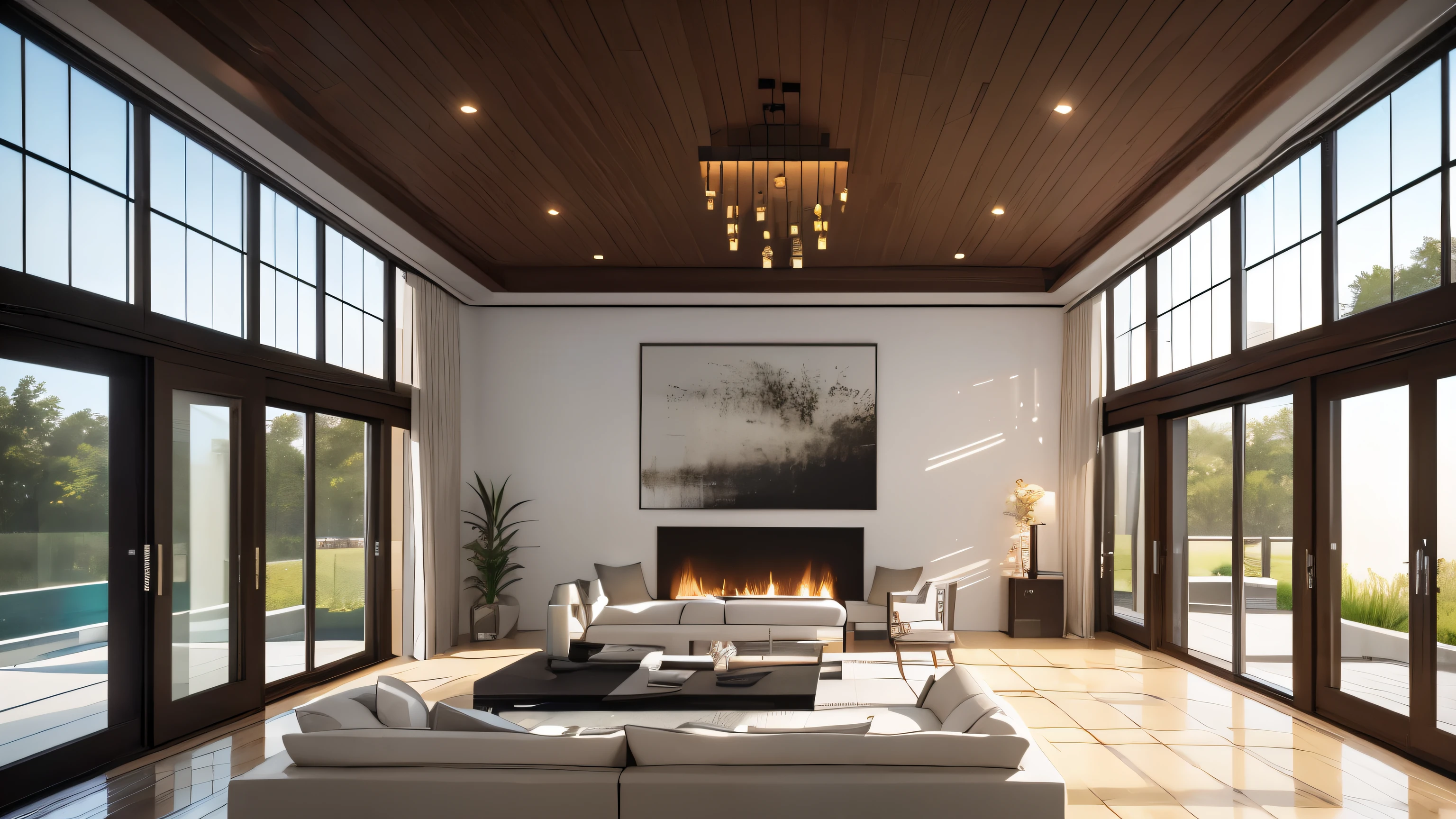 you are a famous interior designer、I was asked to create a 3D image of a large modern room.。. Create a harmonious environment with modern and minimalist furniture. Including garden interior.