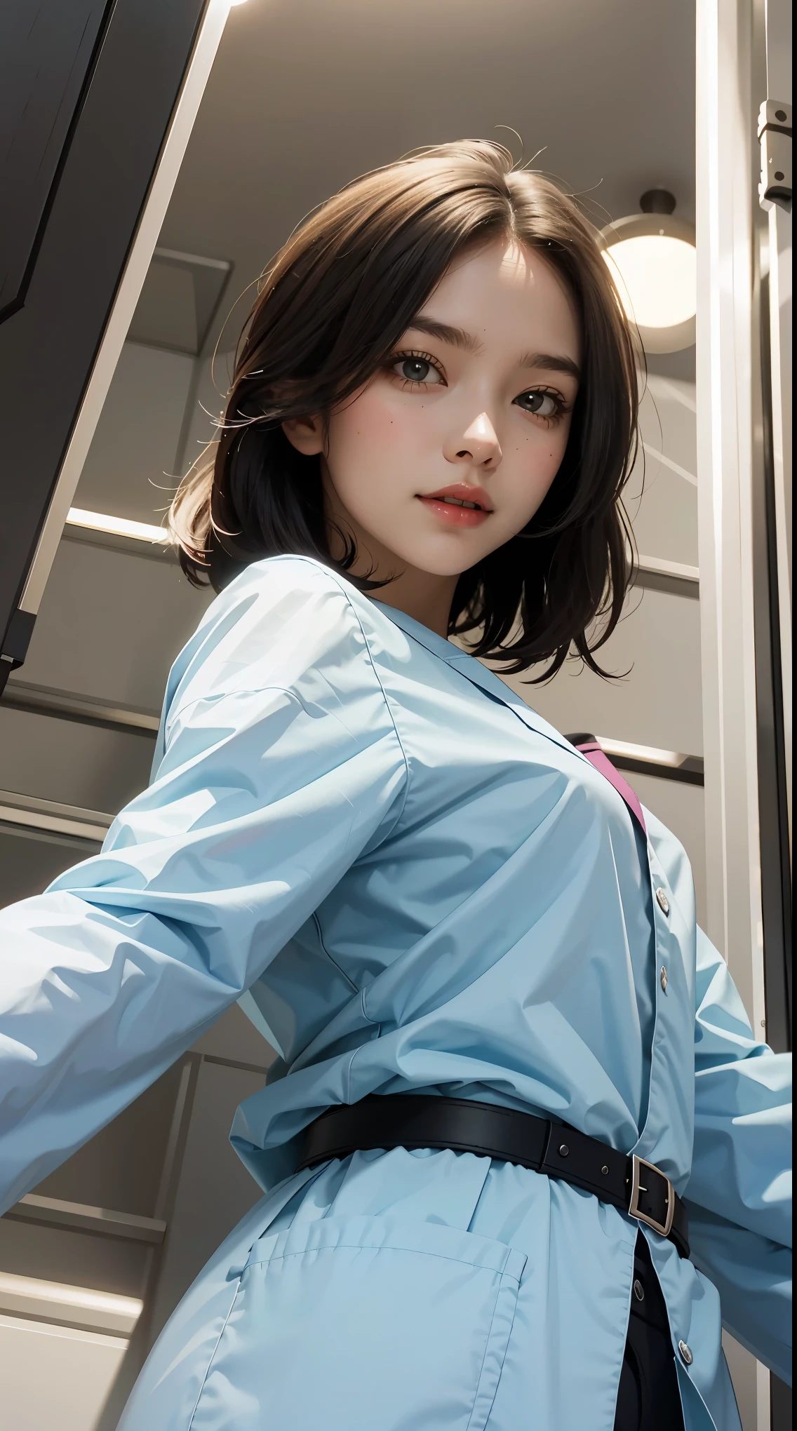 8k,(Hmm, retina, masterpiece, Accurate, anatomically correct, rough skin, Super detailed, advanced details, high quality, 最high quality, High resolution, 1080p, hd, 4k, 8k, 16k), ((Upper body)),(((close up of face))),(beautiful and detailed eyes, thick and beautiful lips, highly detailed eyes and face), studio lighting, Physically based rendering, bright colors,dental clinic, Examination room,(small breasts:1.8, slender body), ((Wearing a dentist&#39;s burgundy scrubs)), (from below:2), very short hair, shiny skin, blush), (), eye reflection, jet black hair, smile),Examination roomの白い天井