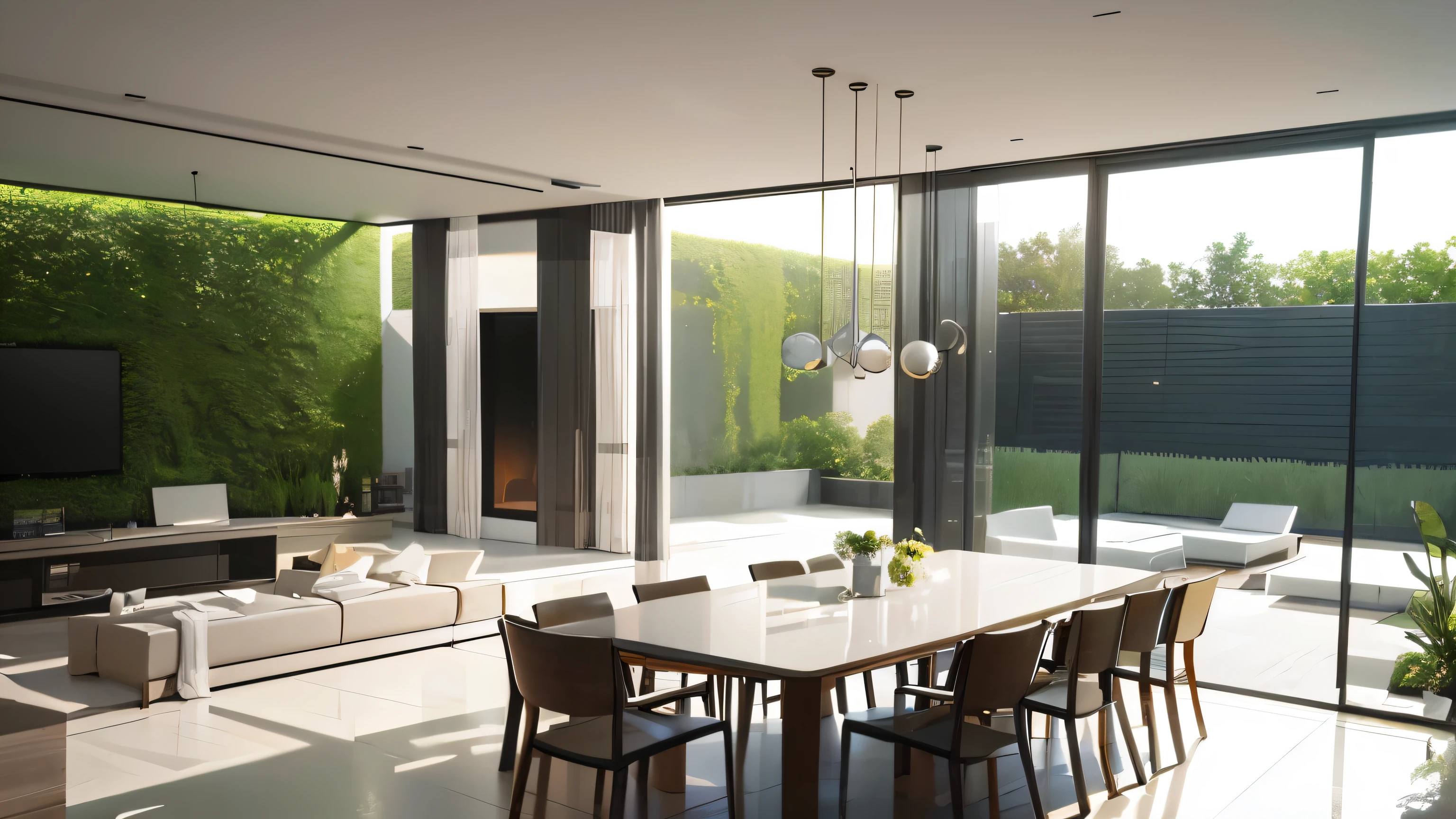 you are a famous interior designer、I was asked to create a 3D image of a large modern room.。. Create a harmonious environment with modern and minimalist furniture. Including garden interior.