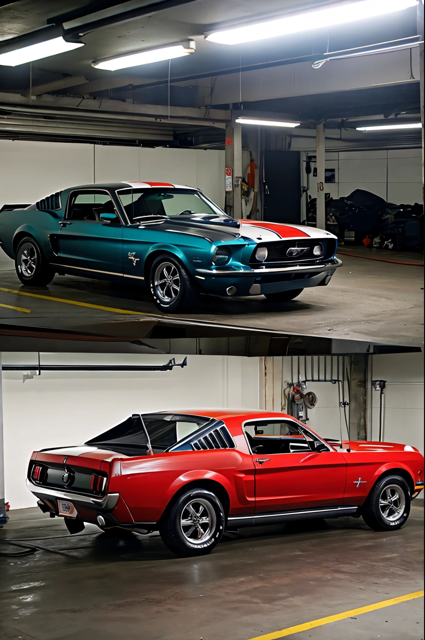 FORD MUSTANG being maintained in the garage、