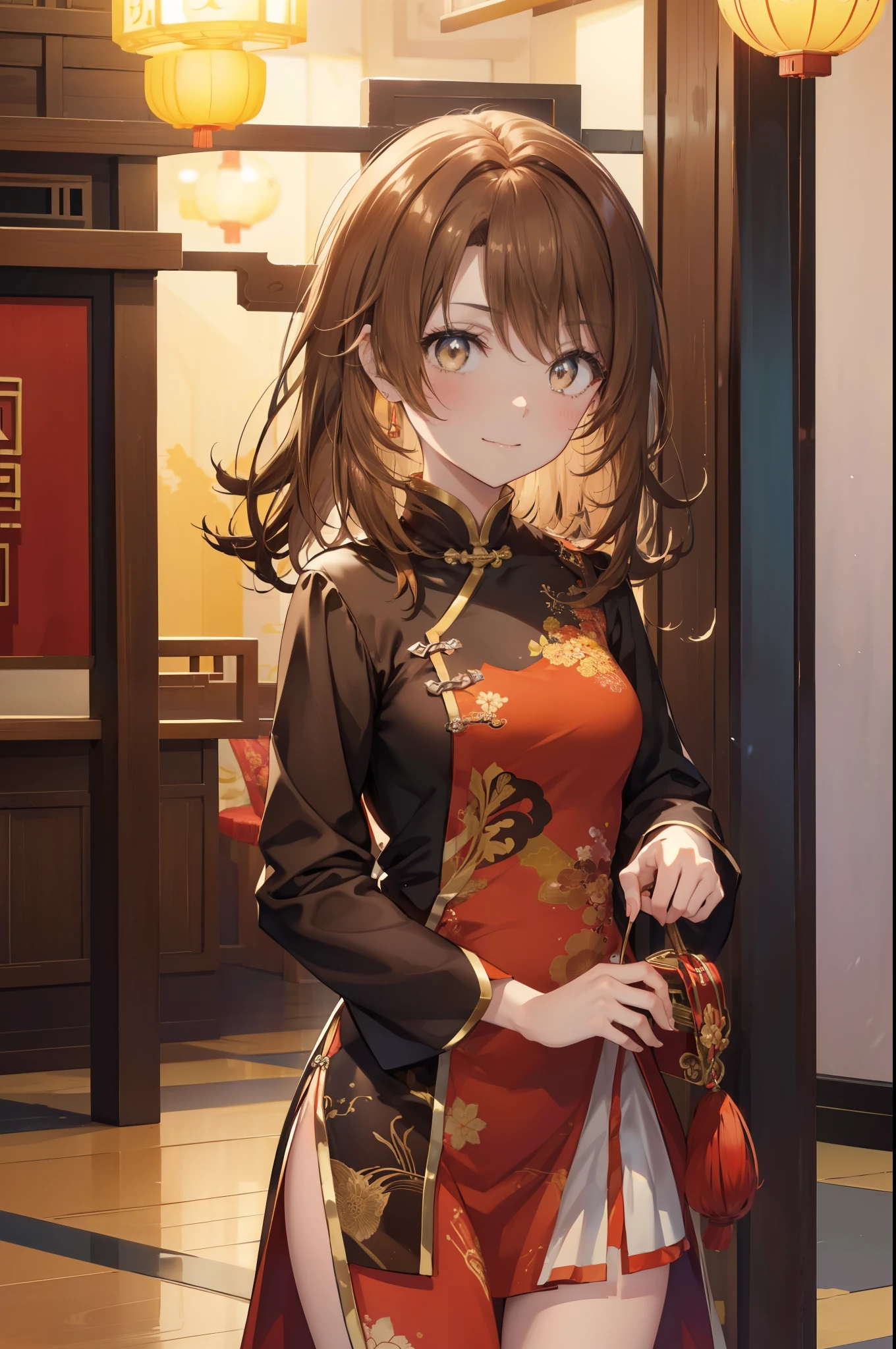 irohaisshiki, iroha isshiki, long hair,brown hair,, (brown eyes:1.5), happy smile, smile, open your mouth,No sleeve,yellow cheongsam clothes,Yellow long slit,Fishnet tights,stiletto heels,whole bodyがイラストに入るように,
break indoors, Chinese Restaurant,
break looking at viewer,whole body,(cowboy shot:1.5),
break (masterpiece:1.2), highest quality, High resolution, unity 8k wallpaper, (shape:0.8), (fine and beautiful eyes:1.6), highly detailed face, perfect lighting, Very detailed CG, (perfect hands, perfect anatomy),