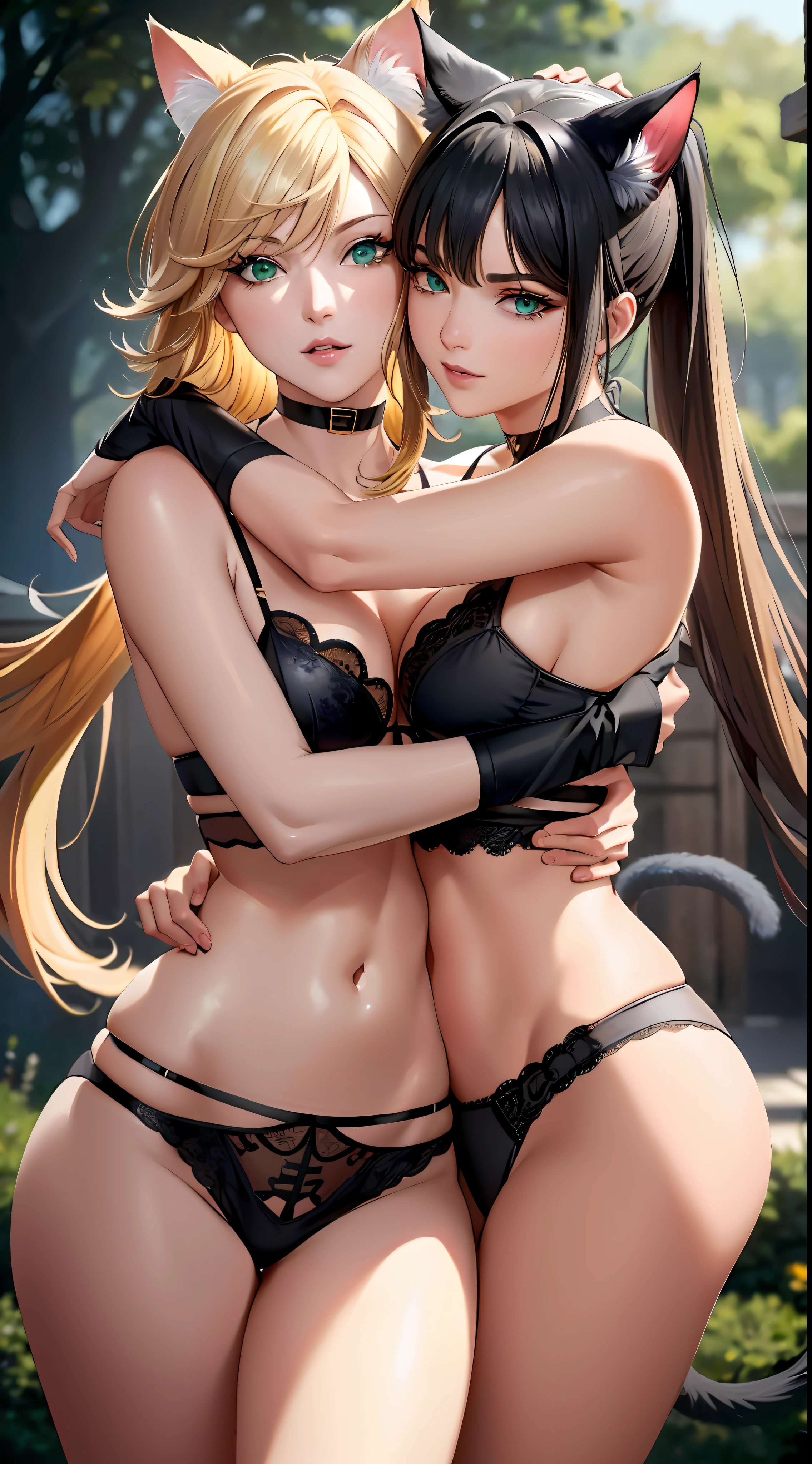 (obra de arte, melhor qualidade, 8K, sharp focus, profundidade de campo, Melhores sombras, luzes perfeitas, hdr, Textura de pele realista, fundo hiper detalhado), (((2 mulheres)), usando lingerie catcosplay, (((hugging, briga de gato, friendly cat fight))), uma mulher tem olhos verdes, Pele branca, cabelo preto com rabo de cavalo, gargantilha, Seios pequenos, magro, inventar, delineador, batom, The other woman is blonde