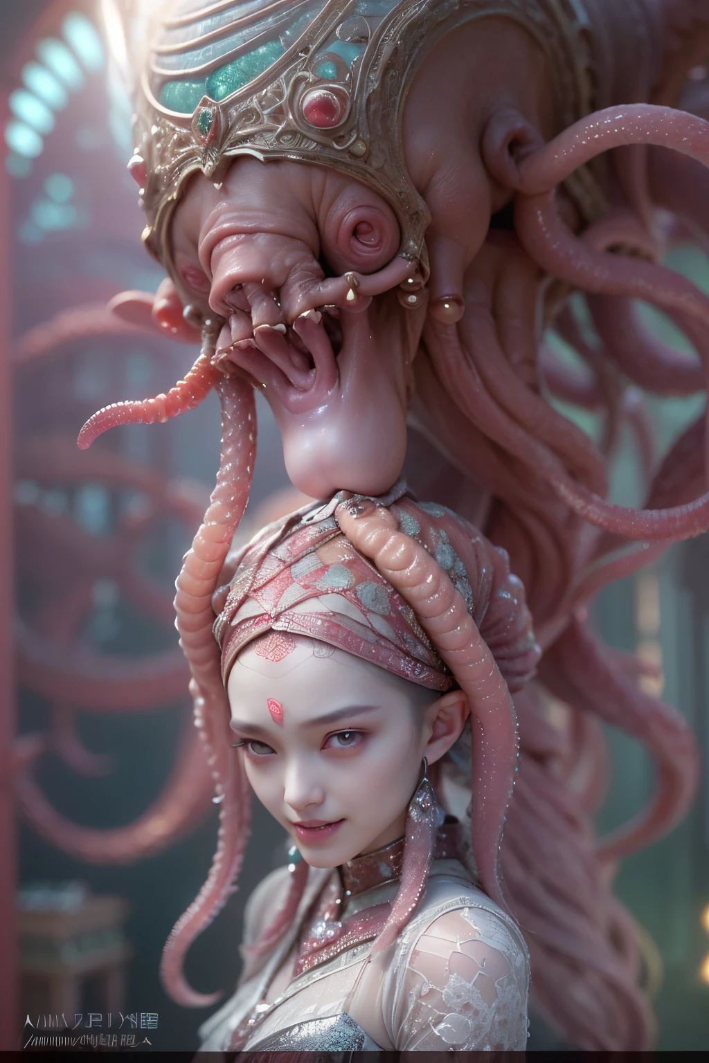 (1 beautiful seductive female creature:1.4), ((There is a female genital-like organ in the middle of the forehead.:1.8)), (realistic face:1.2), Super realistic clear skin, she is very sleepy, (Number of award-winning masterpieces々, incredibly detailed, Texture and maximum detail), midnight aura, unreal engine 5, super sharp focus, midnight aura, unreal engine 5, super sharp focus, (art by Amano Yoshitaka:1.5), art germ, Reusch, intricate artwork, ultra realistic realism, High resolution, High freshness, Unity 8K wallpaper, Super detailed artistic photography, dream-like, fantasy creation, dream snail, (biopunk nautilus:1.3),thrilling color scheme, amazing mutation, She has a beautiful figure with a well-proportioned golden ratio, the goddess of the deep sea, fractal, Geometric pattern, impossible numberany transparent white tentacles with luminescent organs:1.4), Subtle emerald green accents, (smile seductively:1.3),(she has the most beautiful face in the history of the universe:1.5), (She looks down at the viewer with glowing red eyes without pupils:1.3), an evil gaze that seduces, cinematic lighting, (no makeup:1.3), (From the gap between your cute lips,Long canine teeth peek out like a vampire:1.5), in the palace hall, A sweet sigh leaks from her beautiful lips with ecstatic expression, She has countless hair-like translucent tentacles on her head. cheerful smile