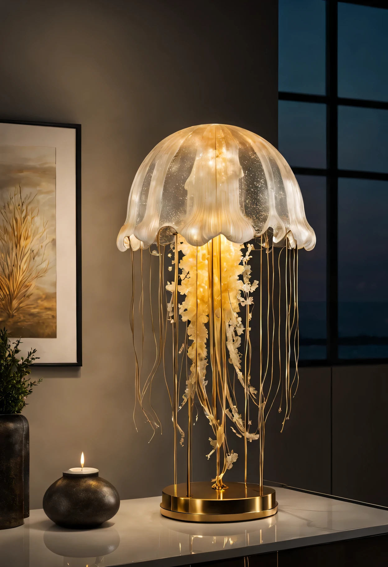 Golden jellyfish table lamp,glow in the dark,sparkling art installation,Painted with intricate details and shimmering textures,A charming centerpiece for any room,Light reflects from golden surface,Create a warm and welcoming atmosphere,The fusion of elegance and nature,Surreal and mesmerizing sight,conversation starter,Delicate tentacles sway gracefully,Shimmering with a soft glow,ethereal existence,Gives off a soft, soothing glow,Bring an ocean vibe to your space,Symbol of tranquility and peace,A masterpiece of art and craftsmanship,Charming colors float inside the glass clock,A harmonious blend of modern and organic aesthetics,A unique and fascinating piece of art，illuminates the surrounding environment,Statement pieces that exude sophistication and luxury,Create a magical atmosphere in any room,The perfect addition to your modern style, Simple décor,A delightful juxtaposition of nature and man-made design,Proof of the beauty and wonder of the underwater world,A must-have for those who appreciate art and design,The perfect gift for art lovers and nature lovers,Tasteful accessories，Add a touch of whimsy to your home decor,Amazing and awe-inspiring sights that transport you to the depths of the sea,A fascinating display of craftsmanship and creativity,A true masterpiece capturing the essence of jellyfish,Create a mesmerizing focal point，Capture attention and spark conversation,a sculptural wonder，Bring a sense of wonder and enchantment to any space,A striking and elegant piece of functional art,A testament to the beauty of the natural world in all its forms,A gentle reminder of the delicate balance between art and nature.