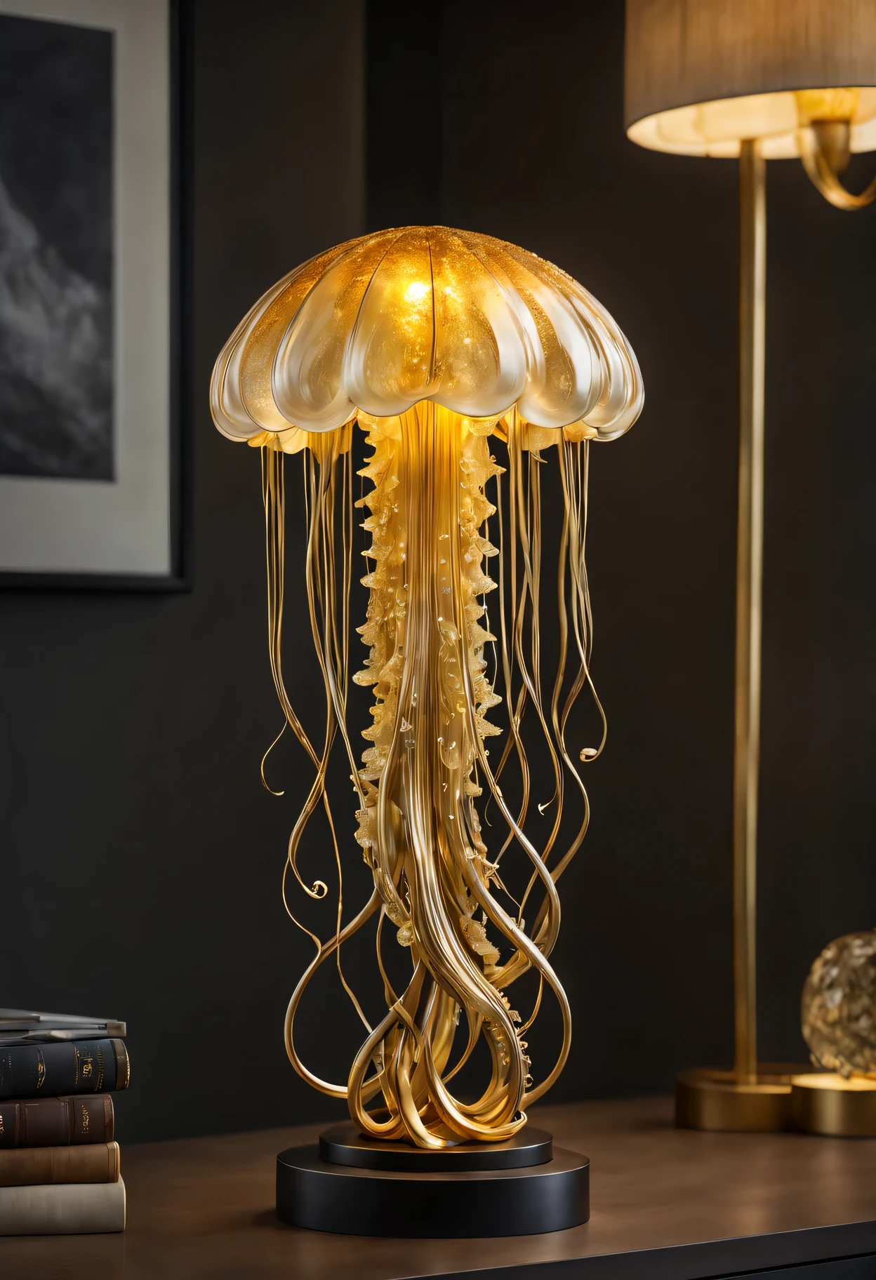 Golden jellyfish table lamp sculpture,Sparkling gold sculpture,Meticulous tentacles,Exquisite body,Dazzling metallic luster,Subtle iridescent glow,Realistic textures and shapes,Exquisite craftsmanship and intricate design,artistic expression of graceful movements,awesome existence,Elegantly suspended in mid-air,Golden tendrils swirl gracefully,bright colors blending seamlessly,Impressive size and scale,Create a sense of wonder and tranquility,breathtaking and unique masterpiece,(best quality,4k,8k,high resolution,masterpiece:1.2),Super detailed,(actual,photoactual,photo-actual:1.37),high dynamic range,ultra high definition,studio lighting,Ultra-fine painting,sharp focus,Physically based rendering,professional,bright colors,Bokeh,portrait,art sculpture.