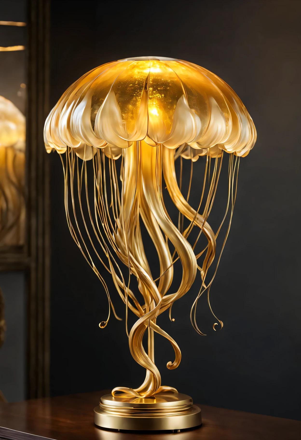 Golden jellyfish table lamp sculpture,Sparkling gold sculpture,Meticulous tentacles,Exquisite body,Dazzling metallic luster,Subtle iridescent glow,Realistic textures and shapes,Exquisite craftsmanship and intricate design,artistic expression of graceful movements,awesome existence,Elegantly suspended in mid-air,Golden tendrils swirl gracefully,bright colors blending seamlessly,Impressive size and scale,Create a sense of wonder and tranquility,breathtaking and unique masterpiece,(best quality,4k,8k,high resolution,masterpiece:1.2),Super detailed,(actual,photoactual,photo-actual:1.37),high dynamic range,ultra high definition,studio lighting,Ultra-fine painting,sharp focus,Physically based rendering,professional,bright colors,Bokeh,portrait,art sculpture.
