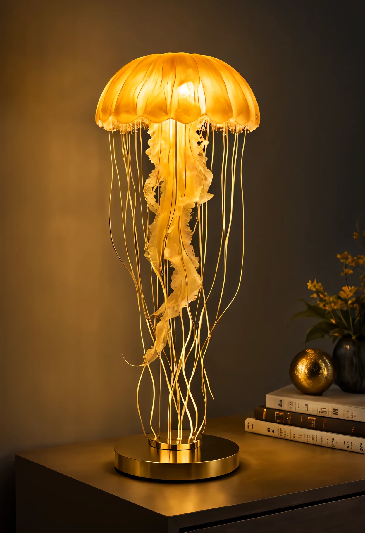 Glowing golden jellyfish table lamp in dark room