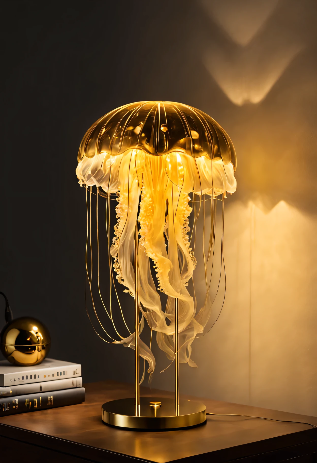 Glowing golden jellyfish table lamp in dark room