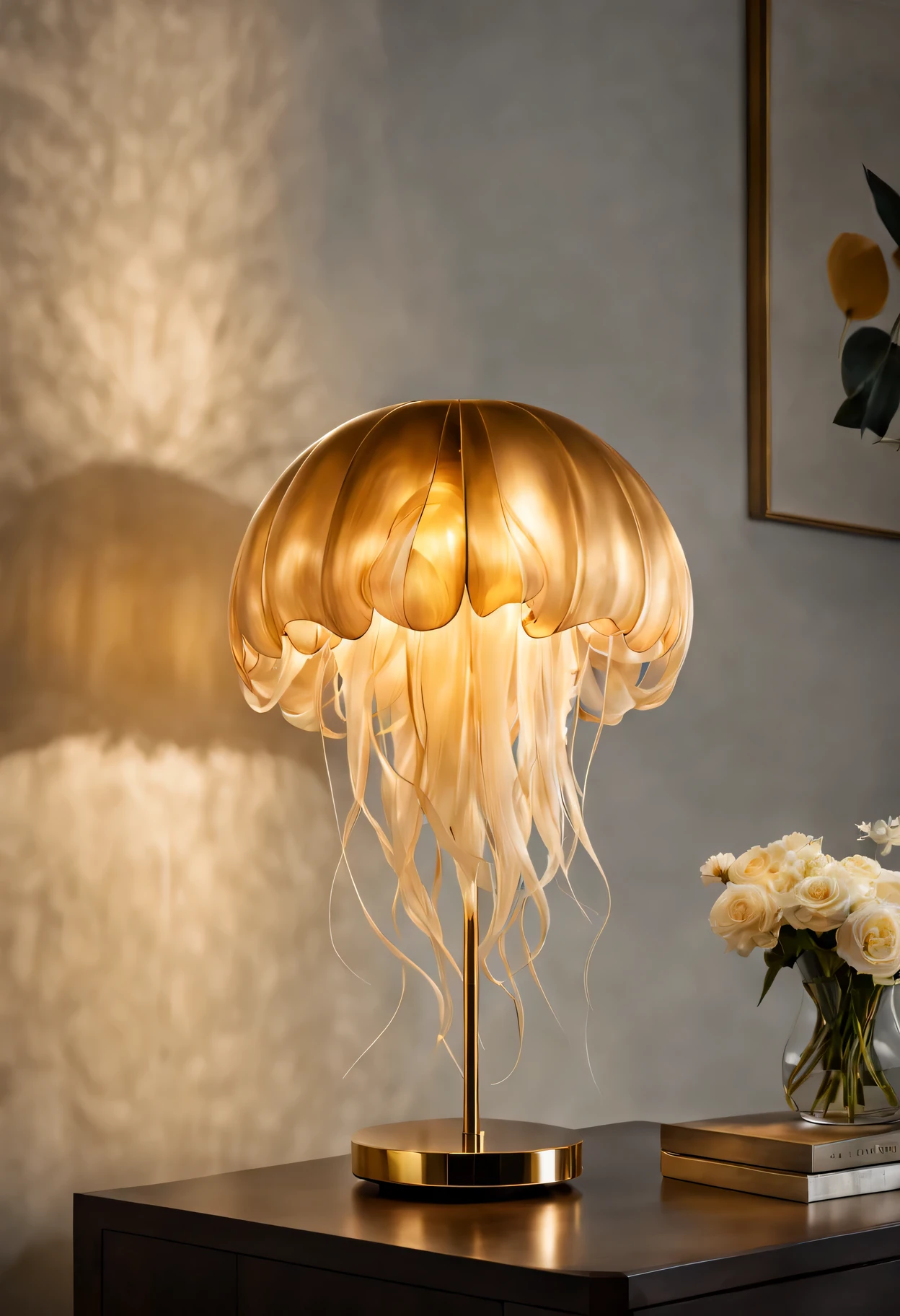 Glowing golden jellyfish table lamp in dark room,Sparkling gold sculpture,Meticulous tentacles,Exquisite body,Dazzling metallic luster,Subtle iridescent glow,Realistic textures and shapes,Exquisite craftsmanship and intricate design,artistic expression of graceful movements,awesome existence,Elegantly suspended in mid-air,Golden tendrils swirl gracefully,bright colors blending seamlessly,Impressive size and scale,Create a sense of wonder and tranquility,breathtaking and unique masterpiece,(best quality,4k,8k,high resolution,masterpiece:1.2),Super detailed,(actual,photoactual,photo-actual:1.37),high dynamic range,ultra high definition,studio lighting,Ultra-fine painting,sharp focus,Physically based rendering,professional,bright colors,Bokeh,portrait,art sculpture.