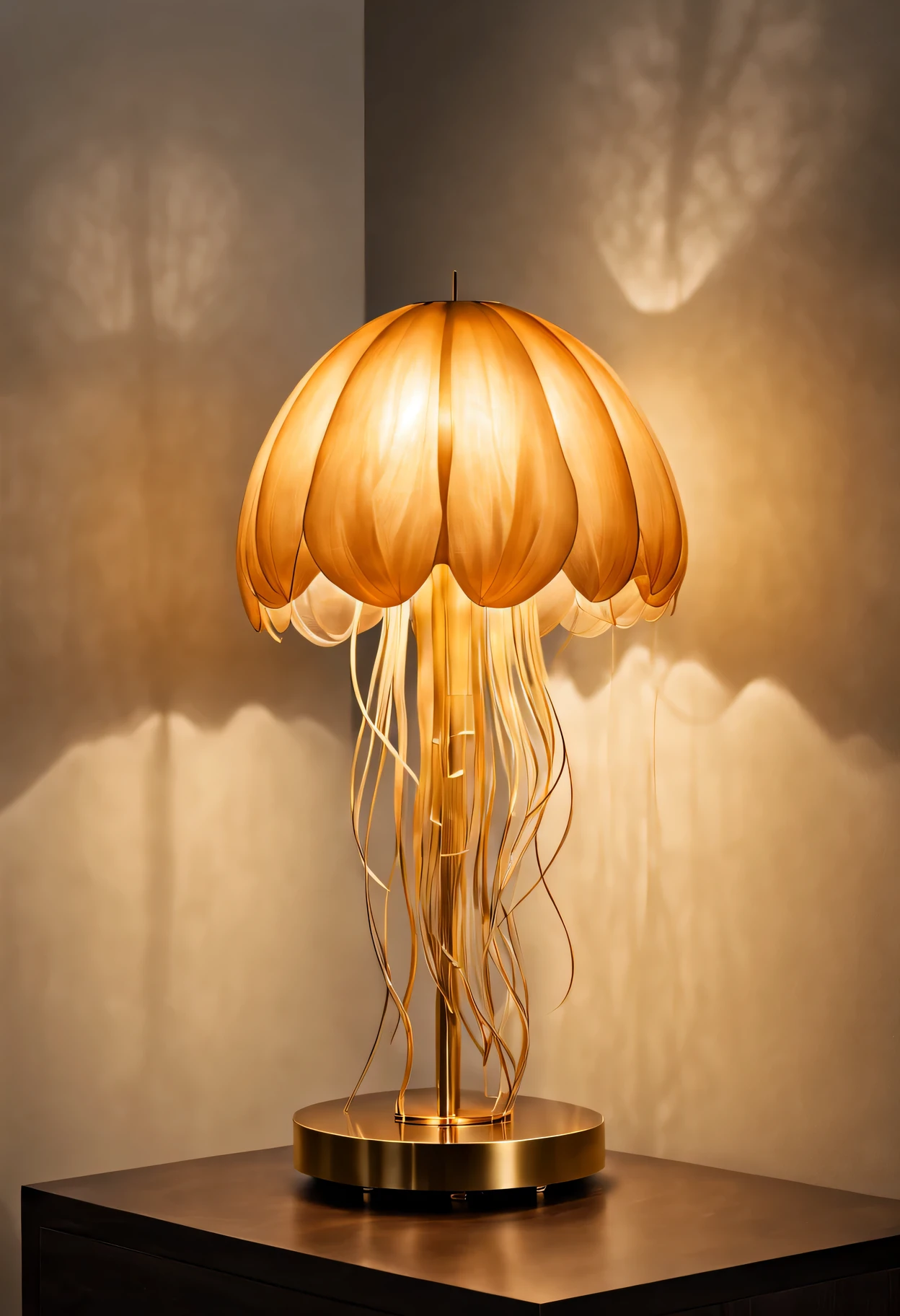 Glowing golden jellyfish table lamp in dark room,Sparkling gold sculpture,Meticulous tentacles,Exquisite body,Dazzling metallic luster,Subtle iridescent glow,Realistic textures and shapes,Exquisite craftsmanship and intricate design,artistic expression of graceful movements,awesome existence,Elegantly suspended in mid-air,Golden tendrils swirl gracefully,bright colors blending seamlessly,Impressive size and scale,Create a sense of wonder and tranquility,breathtaking and unique masterpiece,(best quality,4k,8k,high resolution,masterpiece:1.2),Super detailed,(actual,photoactual,photo-actual:1.37),high dynamic range,ultra high definition,studio lighting,Ultra-fine painting,sharp focus,Physically based rendering,professional,bright colors,Bokeh,portrait,art sculpture.