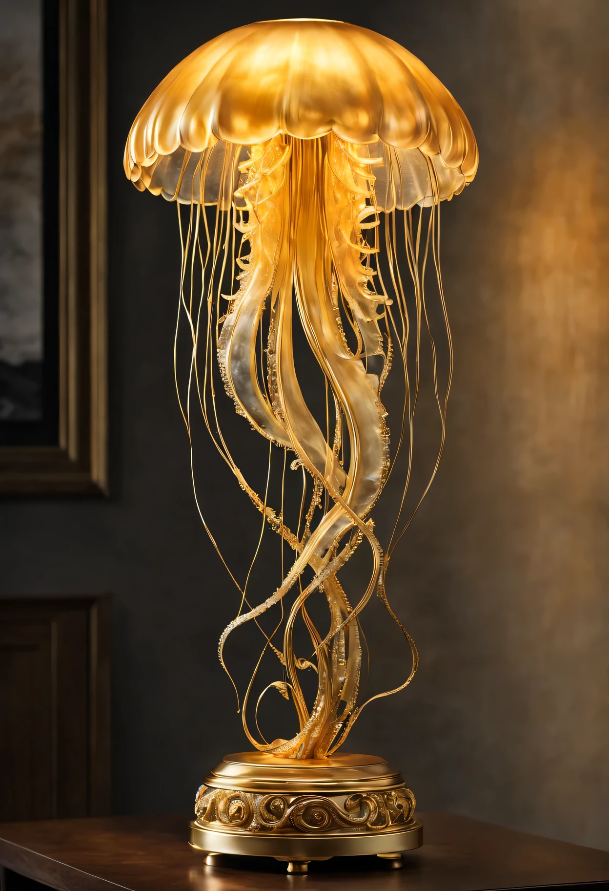 Glowing golden jellyfish table lamp in dark room,Sparkling gold sculpture,Meticulous tentacles,Exquisite body,Dazzling metallic luster,Subtle iridescent glow,Realistic textures and shapes,Exquisite craftsmanship and intricate design,artistic expression of graceful movements,awesome existence,Elegantly suspended in mid-air,Golden tendrils swirl gracefully,bright colors blending seamlessly,Impressive size and scale,Create a sense of wonder and tranquility,breathtaking and unique masterpiece,(best quality,4k,8k,high resolution,masterpiece:1.2),Super detailed,(actual,photoactual,photo-actual:1.37),high dynamic range,ultra high definition,studio lighting,Ultra-fine painting,sharp focus,Physically based rendering,professional,bright colors,Bokeh,portrait,art sculpture.