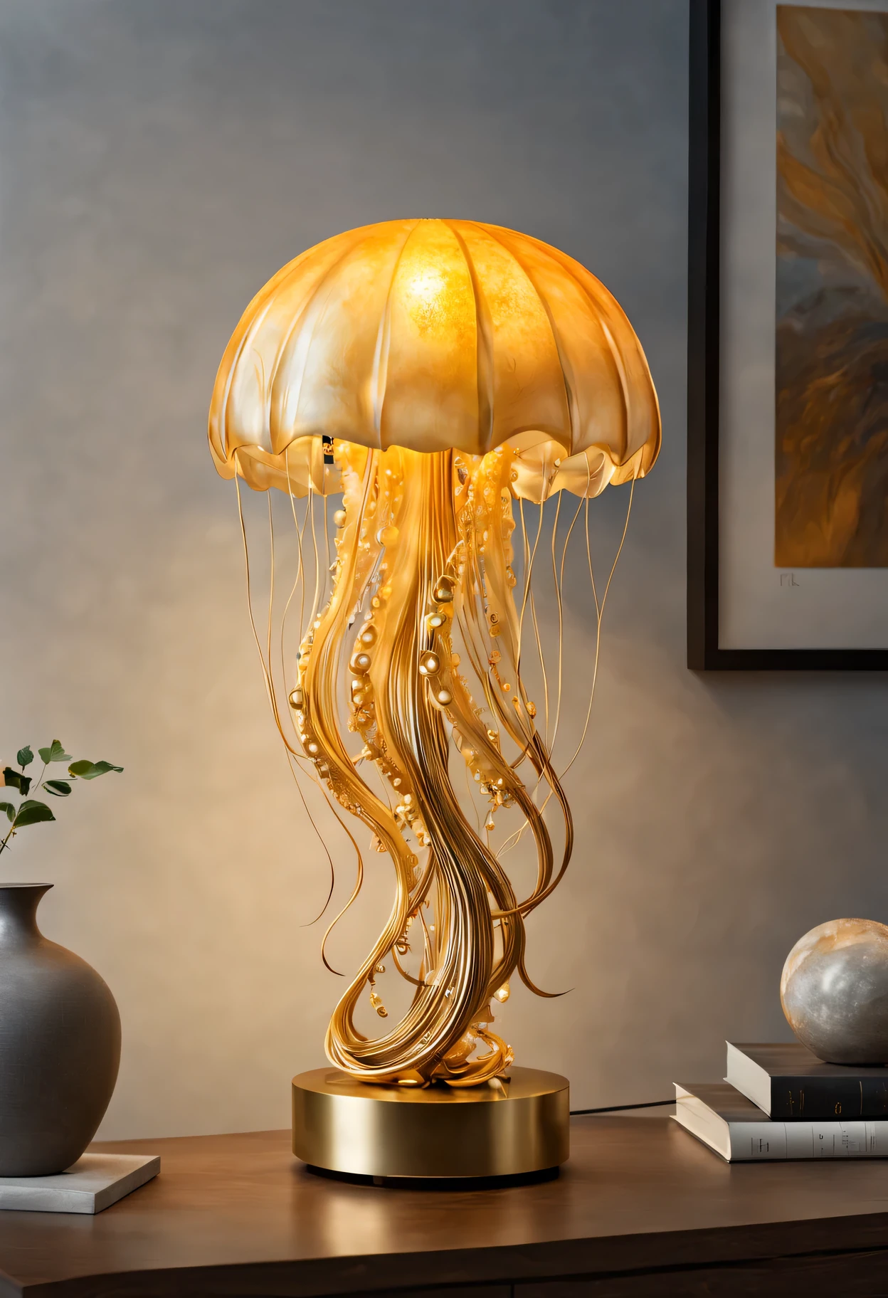 Glowing golden jellyfish table lamp in dark room,Sparkling gold sculpture,Meticulous tentacles,Exquisite body,Dazzling metallic luster,Subtle iridescent glow,Realistic textures and shapes,Exquisite craftsmanship and intricate design,artistic expression of graceful movements,awesome existence,Elegantly suspended in mid-air,Golden tendrils swirl gracefully,bright colors blending seamlessly,Impressive size and scale,Create a sense of wonder and tranquility,breathtaking and unique masterpiece,(best quality,4k,8k,high resolution,masterpiece:1.2),Super detailed,(actual,photoactual,photo-actual:1.37),high dynamic range,ultra high definition,studio lighting,Ultra-fine painting,sharp focus,Physically based rendering,professional,bright colors,Bokeh,portrait,art sculpture.