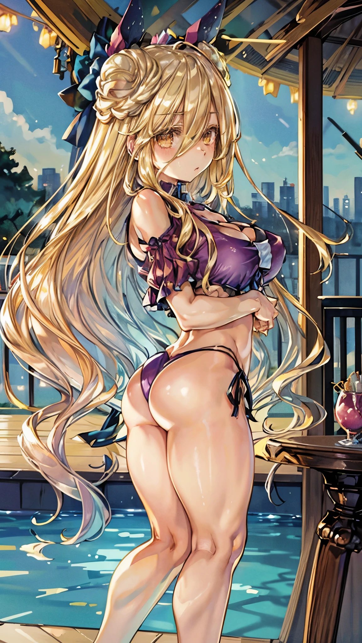 Mukuro is a beautiful young woman with a voluptuous body, having a bust considered disproportionately large for her physical age. She has golden eyes combined with flowing blonde hair that is longer than her own body. She ties her hair in an Odango hairstyle and wears ribbons around her buns, she has muscular legs and a muscular stomach, a thin waist, and (((wears a very sexy and small bikini that leaves her entire backside exposed and her breasts exposed) )), she is standing in a full body photo, (((in pool scene))), (huge )