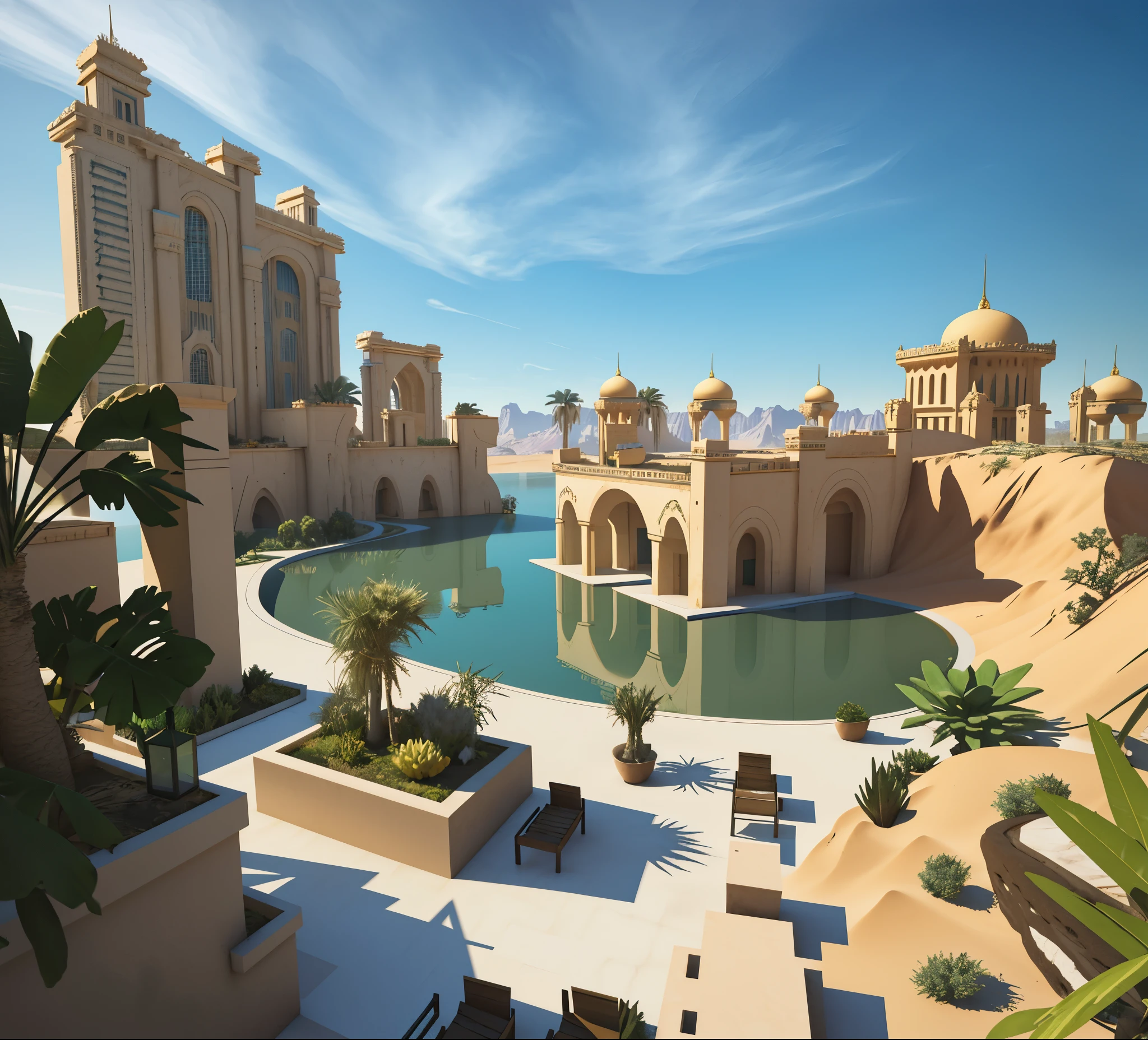 hay una foto de una hermosa ciudad con un lago en el medio,  y con edificios de la modernidad  alrededor y en el fondo Render 3D estilizado, renderizado 3d estilizado, renderizado en motor irreal 5, 3 d estilizar escena, oasis en el desierto, en un palacio futurista en el desierto, Arte conceptual estilizado, global illumination!! intrincado, motor irreal de verano 5, pintura mate renderizada 3d