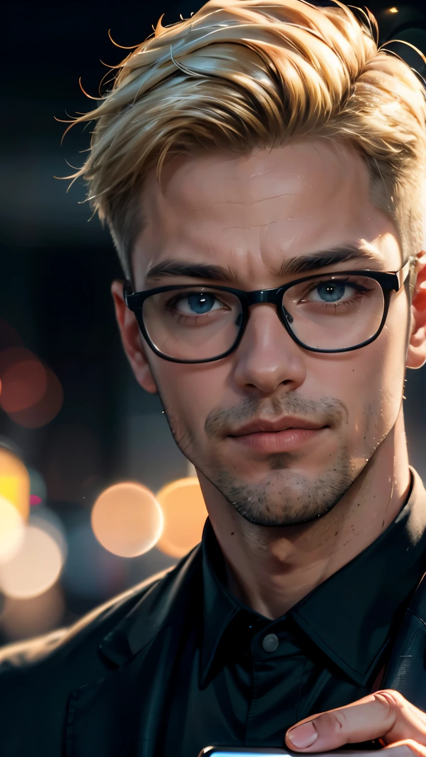 (masterpiece, best quality, RAW photo, 8k, highest resolution, intricate details) trending on artstation, hasselbad, portrait, closeup head and shoulders, male, 1man, 30 years old, / PewDiePie / blonde dyed hair, frown, trendy haircut, glasses, looking at viewer, (holding smartphone), bokeh, depth of field, geeky, nerd, streamer, goof, zoomer 