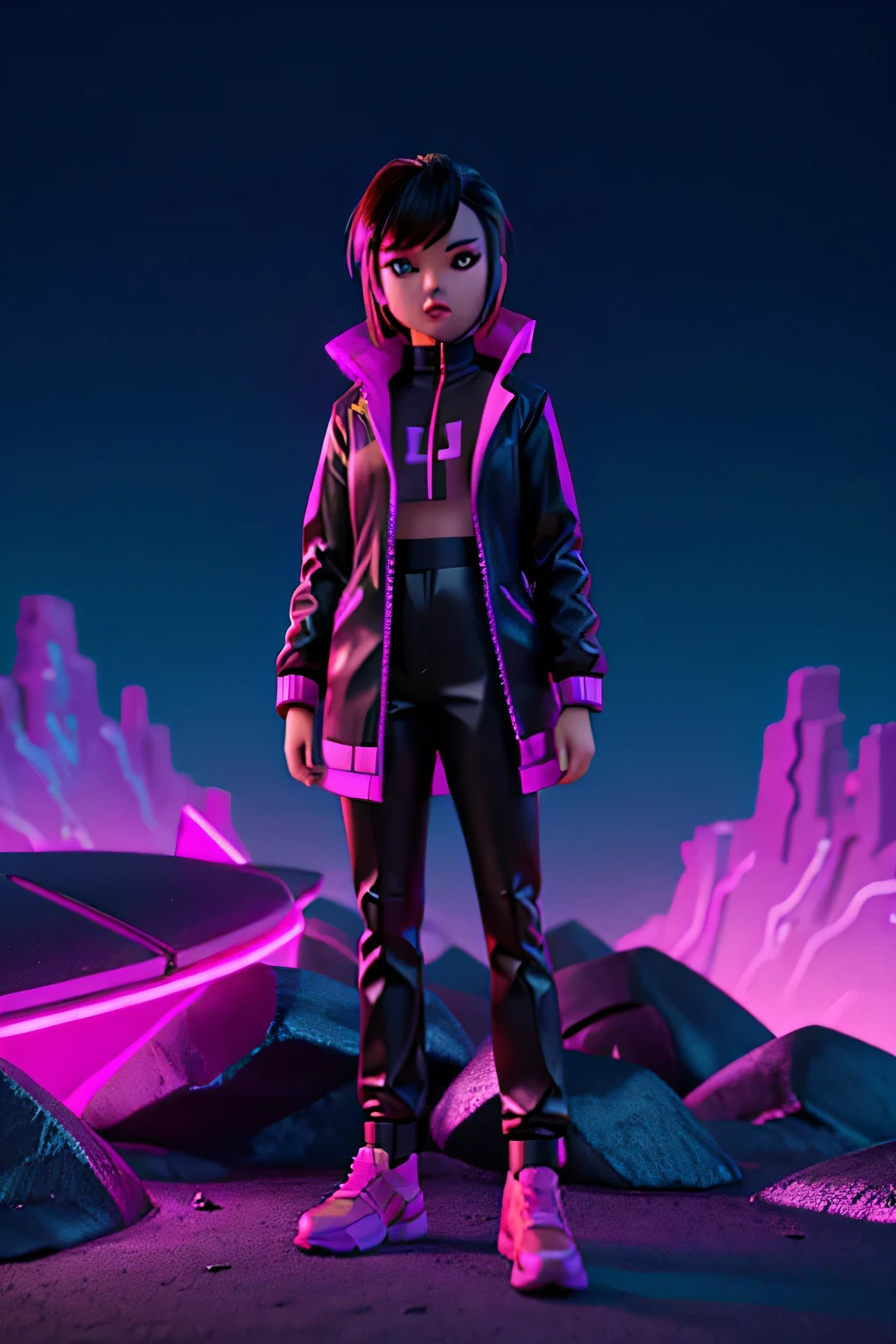 Synthetic wave, Synthetic wave aesthetics, paisagem escura, futuro sombrio, Asian girl, modelo com roupas futuristas, neon grid mountains, Neon clothes, backlight, Luz brilhante, rastreamento de raios, fechar-se