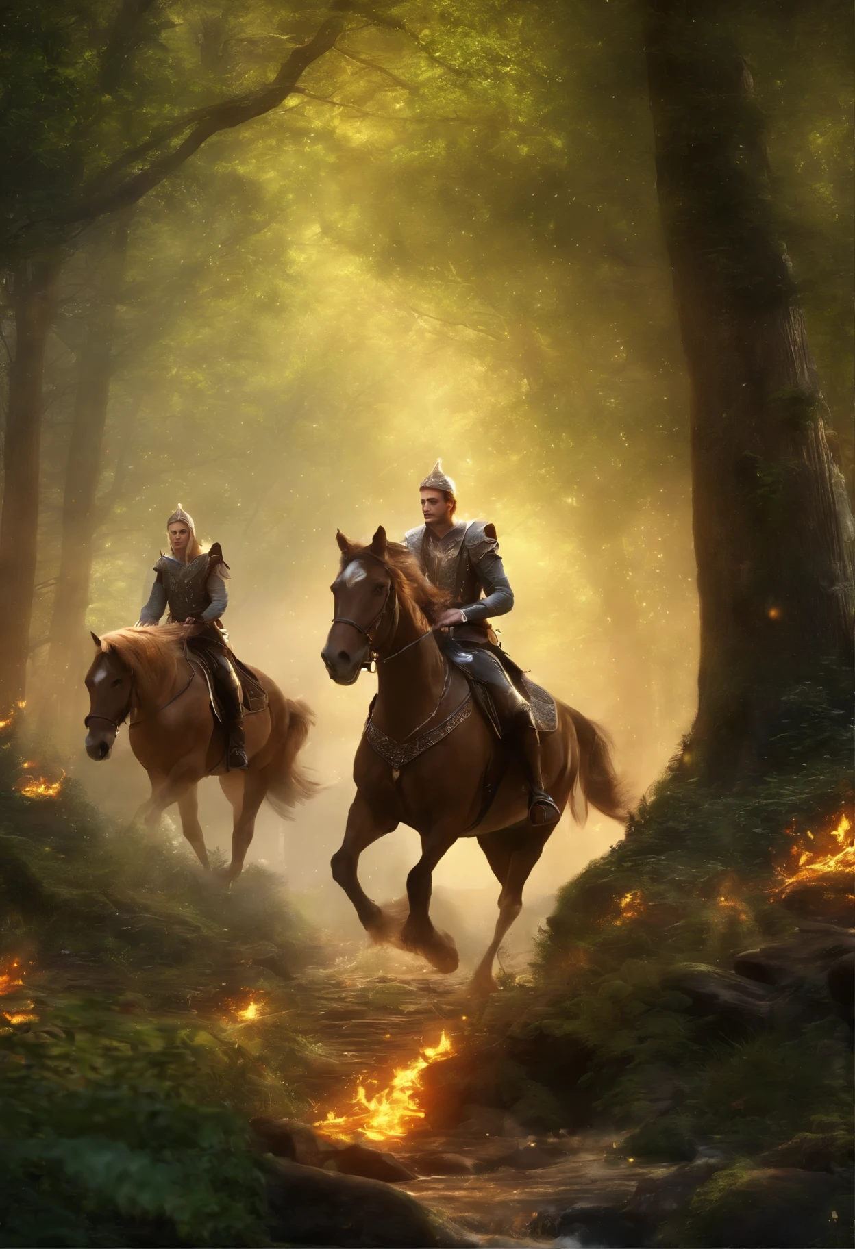 Large elves party with many participants in the forest, elves, tables, banquets, wood fire, Very bright colors, Light particles, with light glowing, Mshiff, wallpaper art, UHD wallpaper, ultra detailed, perfect elves faces, dancing characters, 2 horses with ornements, 2 wolves, ultra high detailed, large trees, volumes