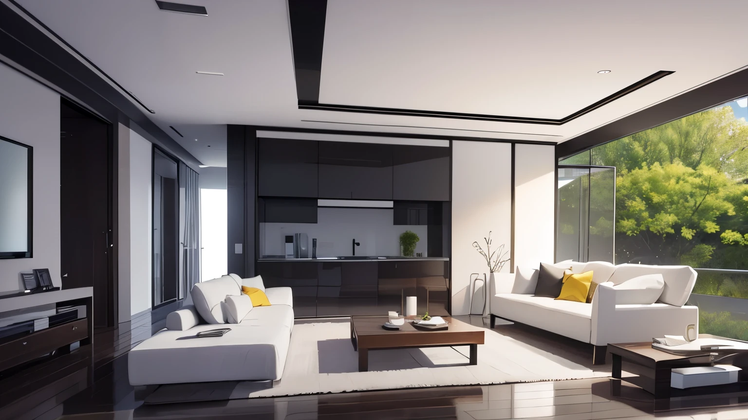 you are a famous interior designer、I was asked to create a 3D image of a large modern room.。. Create a harmonious environment with modern and minimalist furniture. Including garden interior.