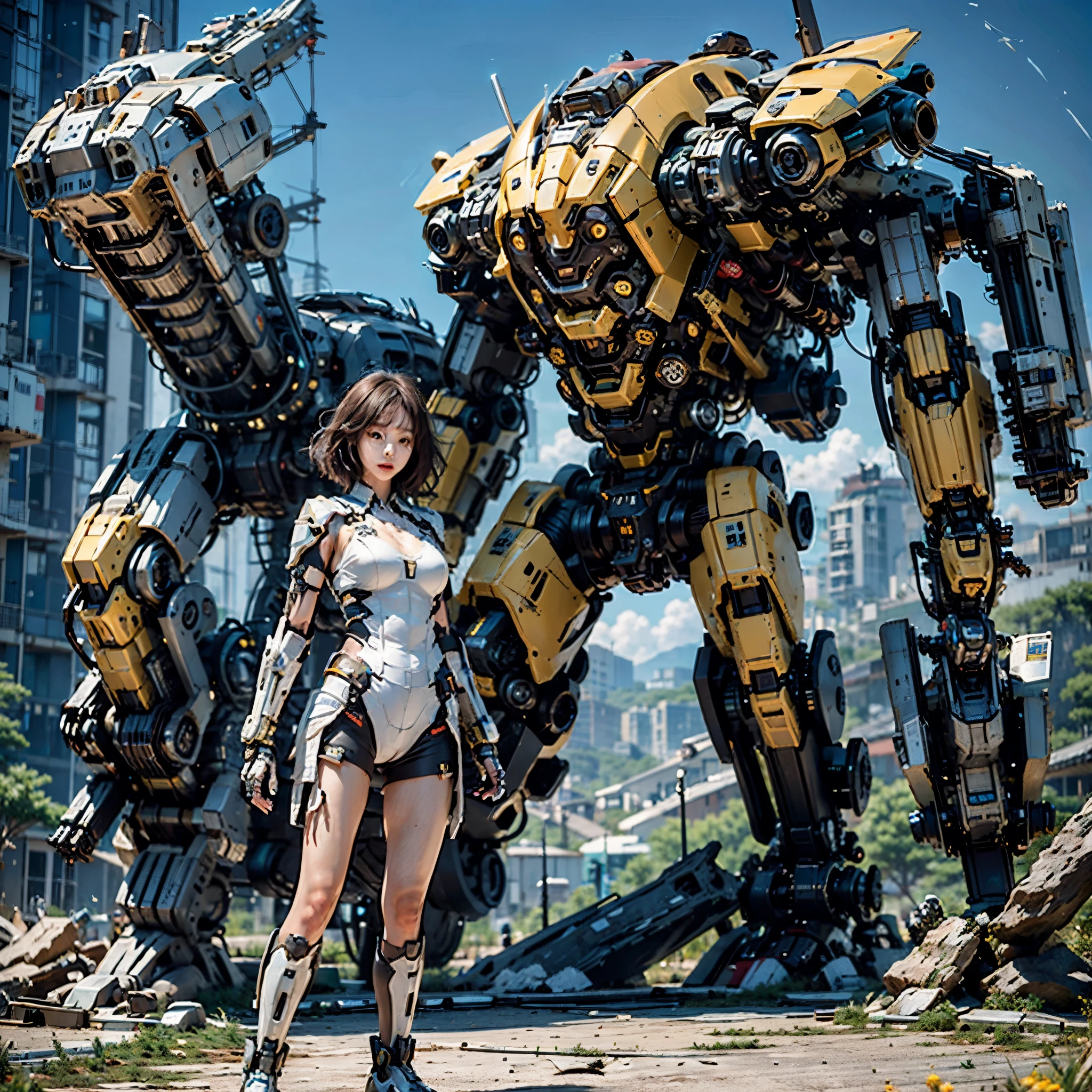 Create a high fidelity of a young woman as she boldly pilots a Yutaka Izubuchi-designed mechanical robot, featuring vibrant yellow and black hues reminiscent of a Pikachu-like shape. The robot's sleek and detailed structure boasts intricately designed arms and legs, exuding an aggressive and powerful presence. The woman, integrated seamlessly with the machine, dons pristine white armor, merging woman and machine into one harmonious entity. The hyper-realistic octane render, employing ray tracing, immerses viewers in a stunning, amazing scene. The destroyed city serves as a backdrop to the woman's victorious display of strength and