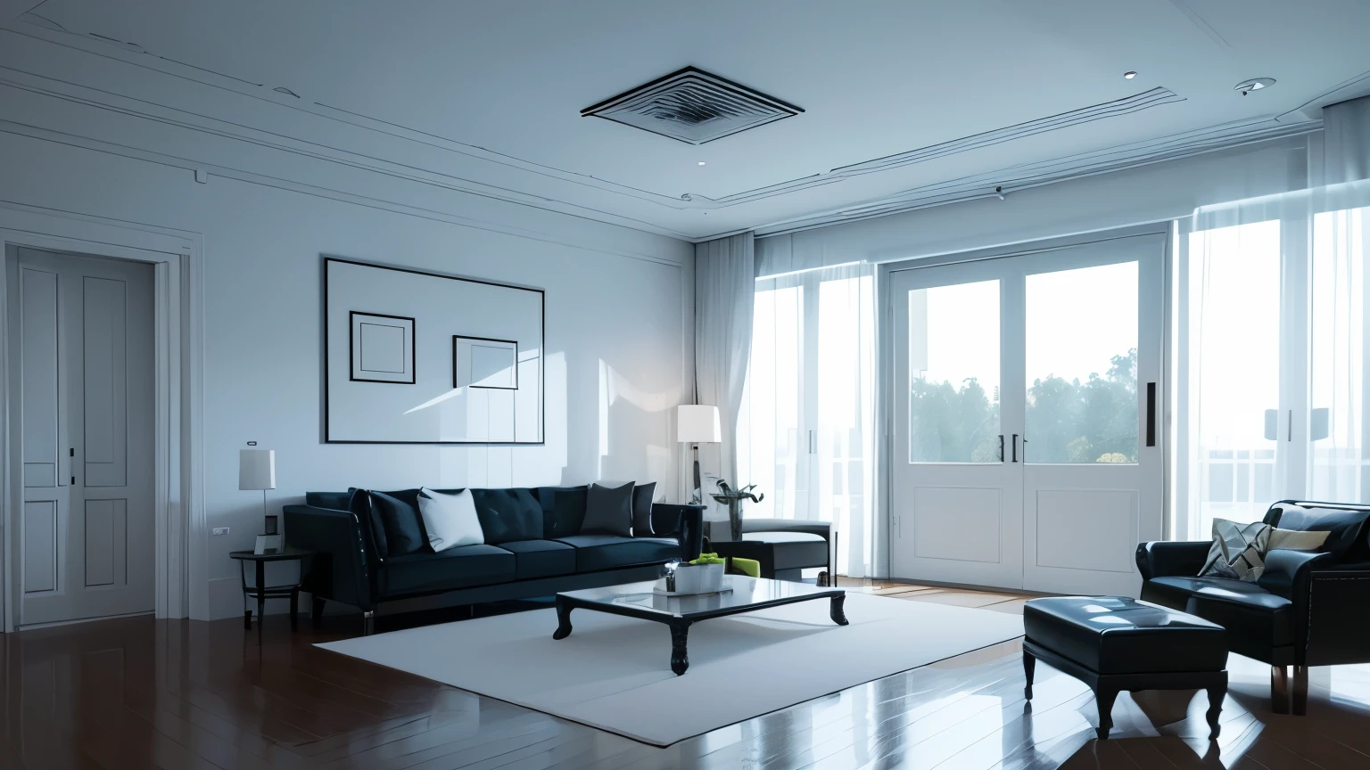 you are a famous interior designer、I was asked to create a 3D image of a large modern room.。. Create a harmonious environment with modern and minimalist furniture. Including garden interior.
