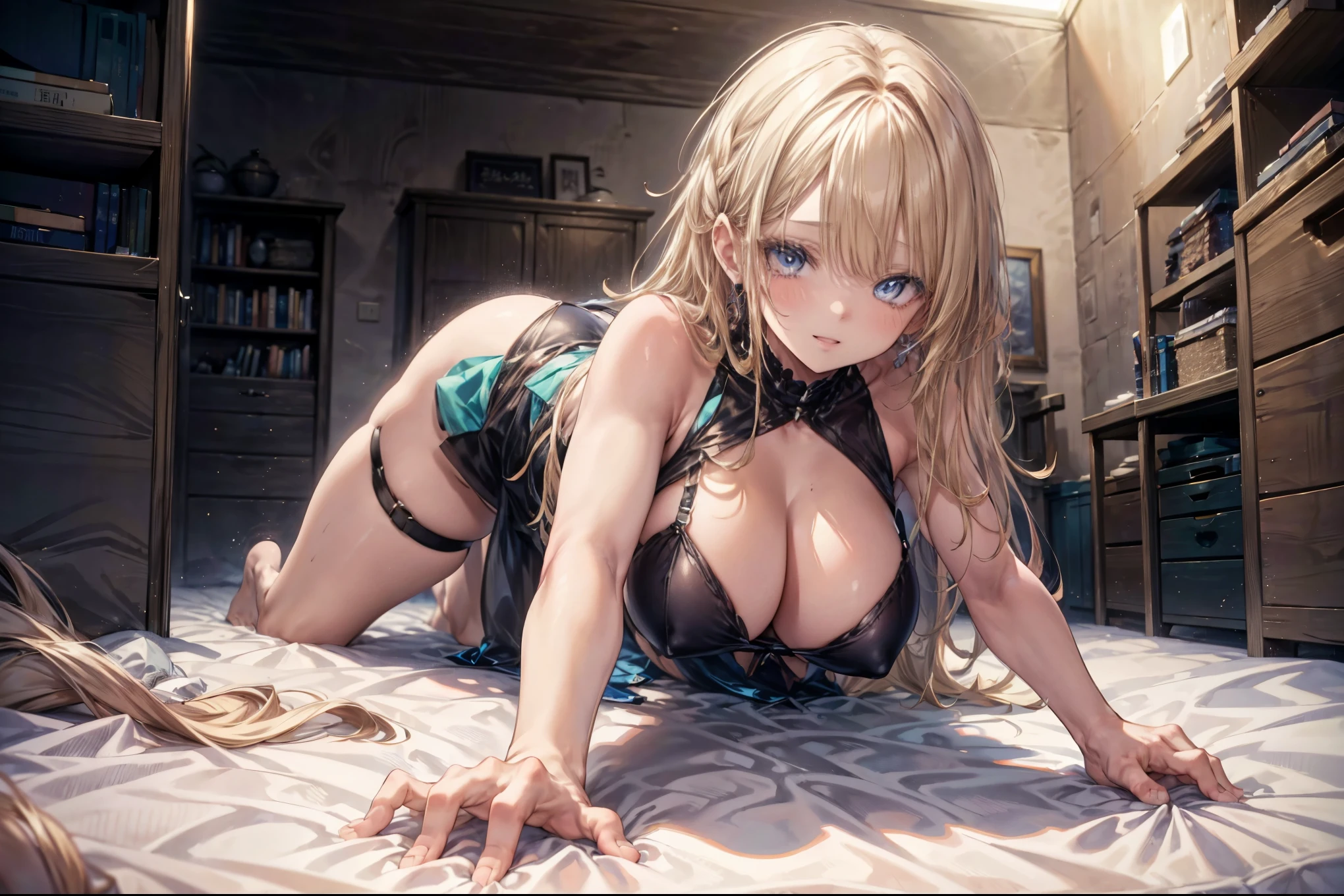sensual, ((long blonde curly hair)), thick thighs, 8K, 4K, highest quality, High resolution:1.2), cute anime face, noise reduction, ((shining blue eyes, gentle smile, kind eyes))、toned abdominal muscles, muscular arms, muscular legs, young face, anime eyes, (((big breasts、Breasts that are about to burst)))、(((whole body)))、wearing a thong、lie down on the bed、crawl on all fours