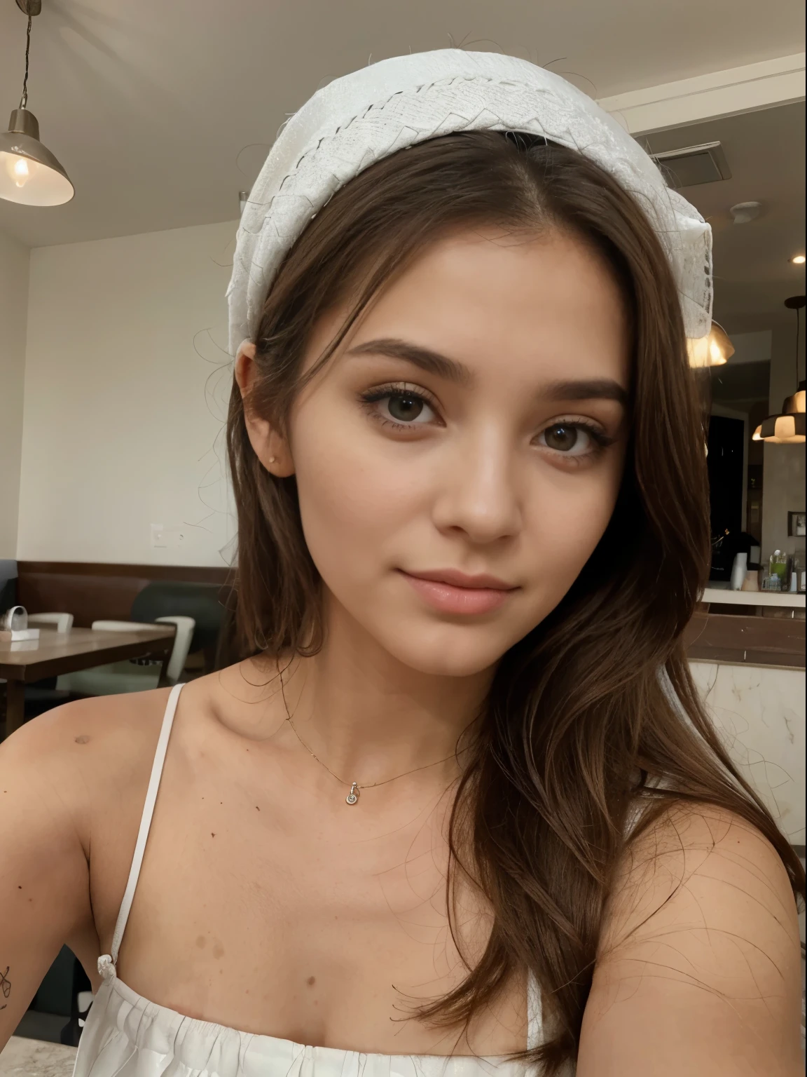 Photo d'une femme brune de 20 ans, qui a un visage très naturel, Thin lips, yeux fins, sourcils fins, nez fin, des boucles d'oreilles, long cils. She takes a cute selfie in a cafe. Deep in the Dubai desert, she is wearing a white dress, with a Palestinian keffiyeh on her head