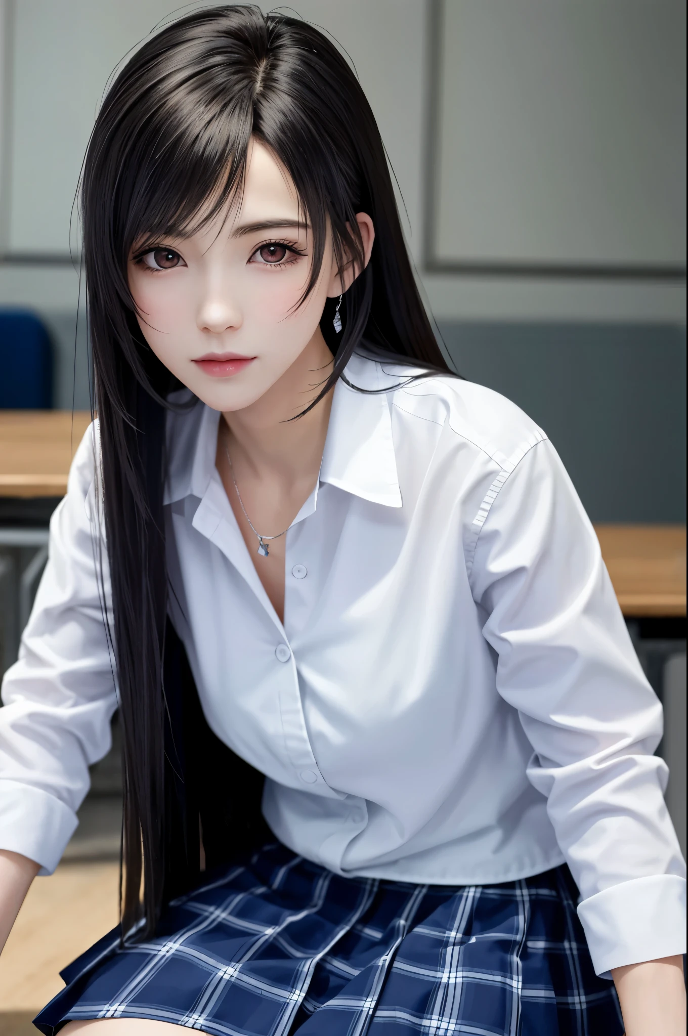 {top quality, masterpiece, ultra detailed}, (Realistic: 1.3), (photo Realistic: 1.3),wallpapers, BREAK {from below},(((FF7,Tifa_lockhart))),{{{Japanese JK uniform, collared school shirt, long-sleeved, Navy Blue Plaid Pleated mini-Skirt}}}, {{high school, classroom}}, Cinematic lighting, sunset ,{{sexy pose, Nogizaka idol}}, Ultra-detailed face, Detailed eyes, Red eyes, BREAK (((FF7,Tifa_lockhart))),{black brown hair, Large breasts}, BREAK , About 18 years old, kawaii, sensual, looking at viewer,{{{face focus, lip close up}}},Challenging eyes, making fun of the viewer, mocking