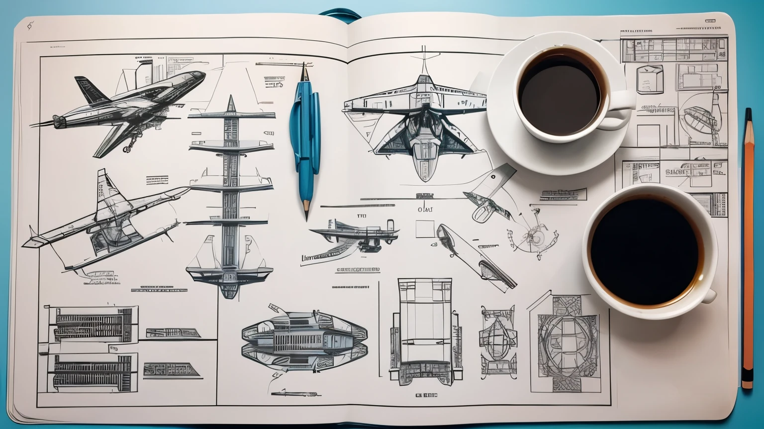 Knolling, Creative process illustration, showcasing diagrams and infographics with parts of futuristic aircraft with exploded elaborate views, medical drawing, knolling, Coffee cup, professional post-it blocks, professional pencil and pens, paperwork and paper sheets scattered by the table, papers with design documents showing dimensional industrial drawing, concept art products design, illustration on table of industrial sci-fi technical drawing with marginalia.