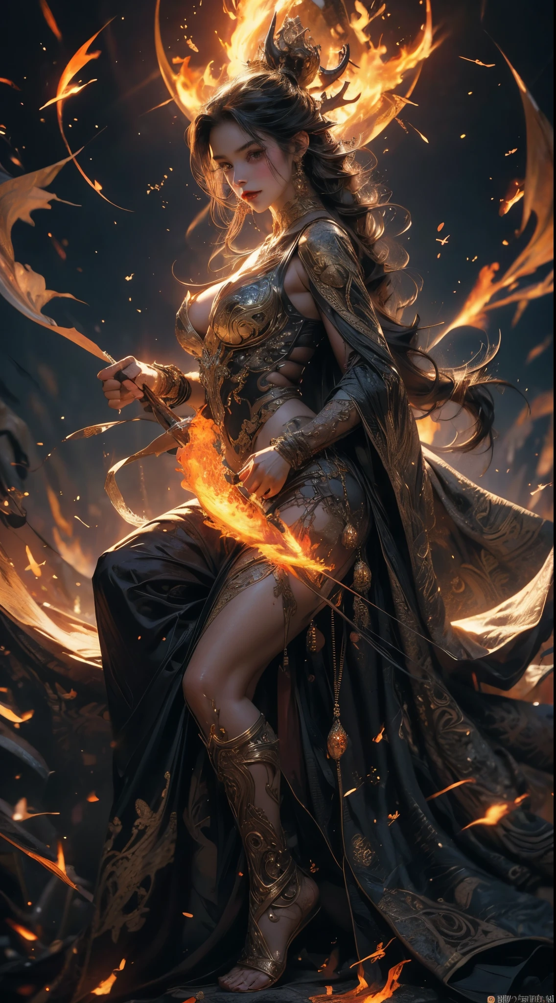 （masterpiece，top quality，best quality，official art，Beautiful and beautiful：1.2），Scene depicting war goddess with horned red flaming demon in hell，she is a great giant，she is a lovely princess，she is a strong warrior，flame，lightning in sky，magma，at the foot of the mountain，mountains in the distance，(fire element:1.4)，现实的flame，Highly realistic，correct anatomy，full-body shot，convex，cute big breasts，violent house，，Plum，unsatisfied desire，only genitalia， camel toe，sexy gesture，，sex huge breasts cleavage， onlyfoot，sexy gesture，fist to flesh，（tangled，mandala，tangled，entangled）（Hairy and fleshy，only ，），married woman，MILF，delicate face，美丽exquisite eyes，correct anatomy，Detailed face, exquisite eyes，divine light，gold foil，gold foil艺术，dark background，absurd，marvelous and unbelievable，epic work，(intricate details，Super detailed:1.2)，Super real photos, epic reality,  ((neutral color)),(pastel colors:1.2), surreal, + lens + dynamic composition, Very detailed, sharpen, normal, warm light, Light effect, dramatic light, (intricate details:1.1), complex background, (Greg Rutkowsky:0.8),  (black and red:0.4），