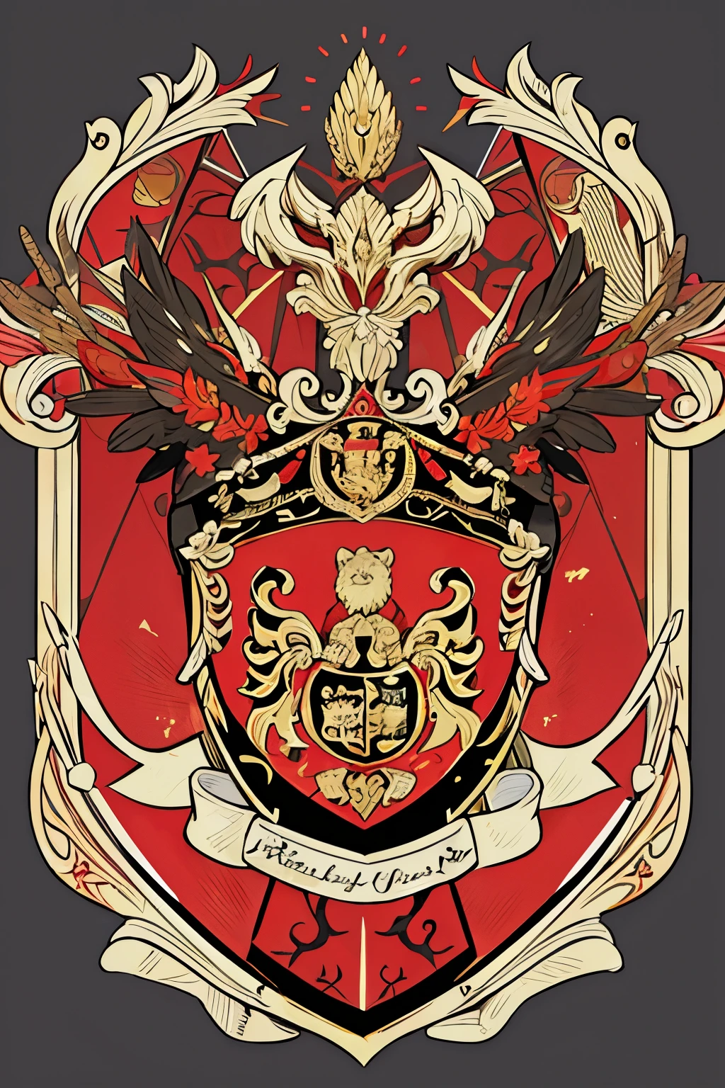 ( coat of arms design) lion in the center of the shield, a red and gold and black shield with a stylized design on it, shield design, fantasy shield, gold and red and black armor, red and gold and black coat of arms, shield emblem, royal coat of arms, sword, weapon, lion symbol, coat of arms