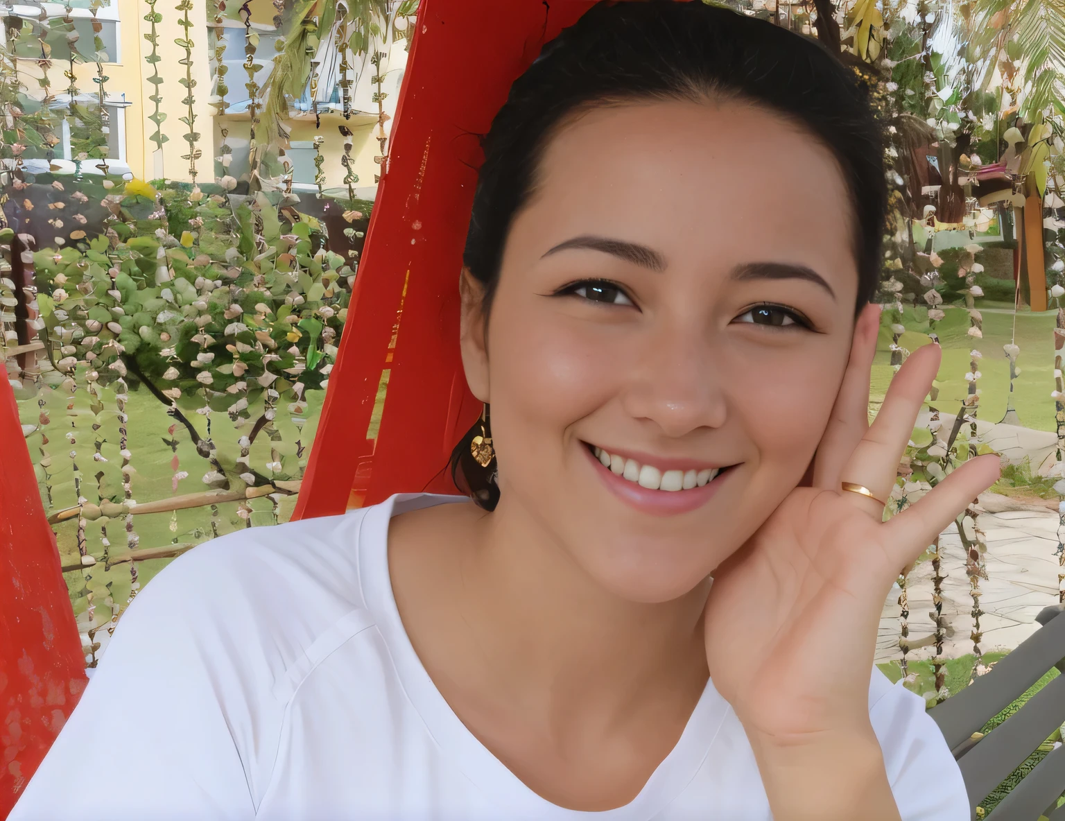 smiling woman sitting on a bench with her hand on her face. high resolution, alta qualidade, obra de arte, 8K.